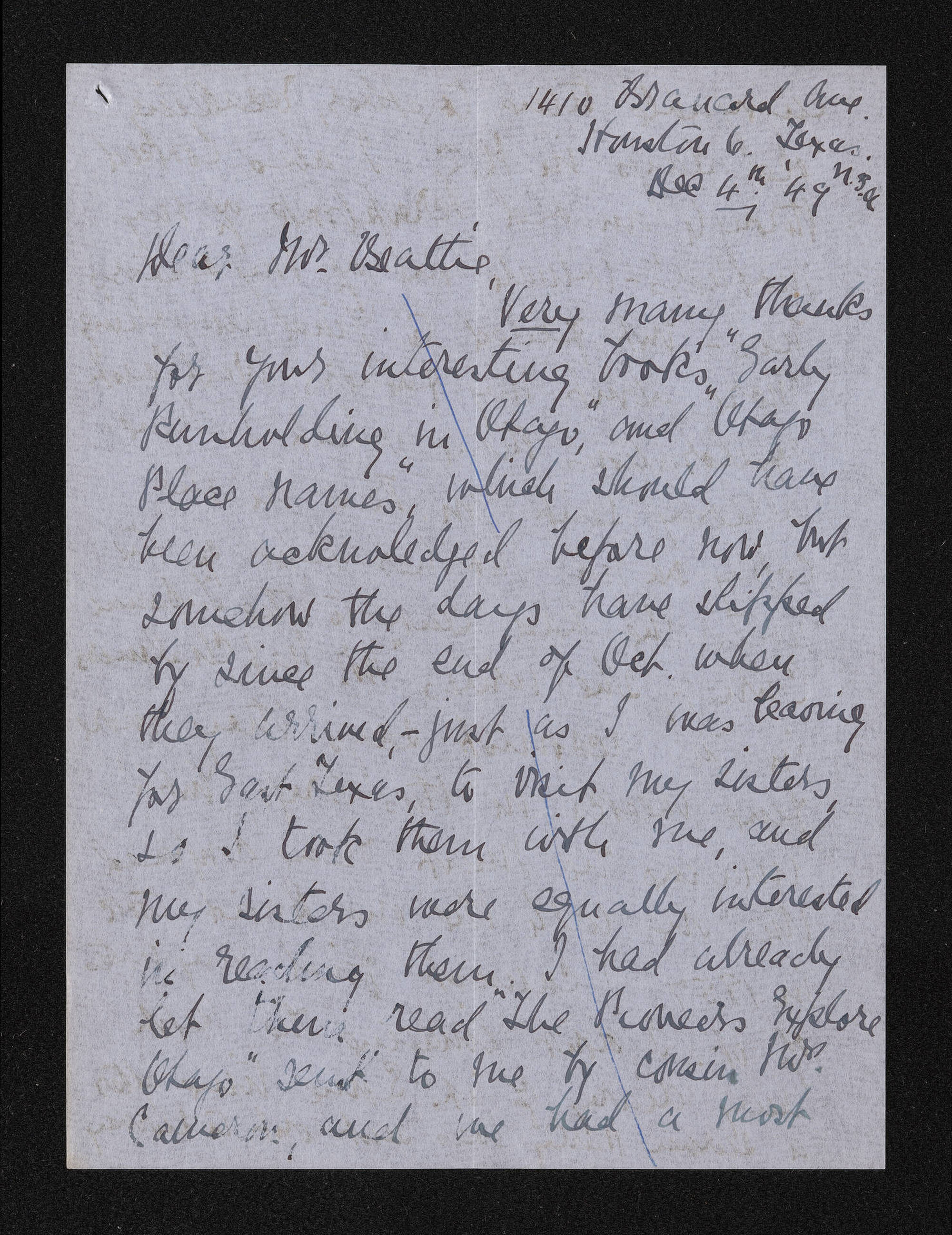 Letter, 4 December 1949, from Florence Black, to Herries Beattie