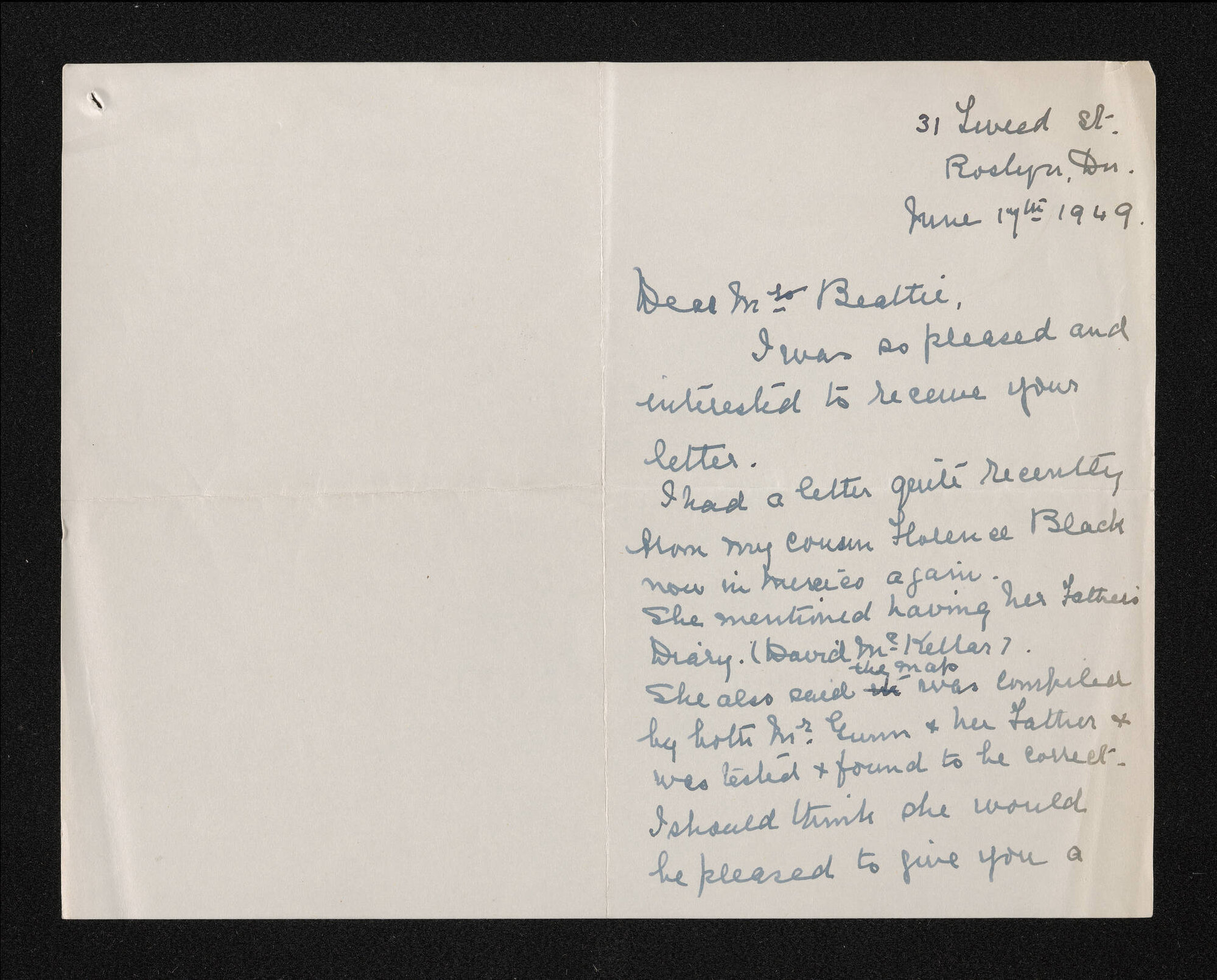 Letter, 17 June 1949, from Mary Cameron, to Herries Beattie
