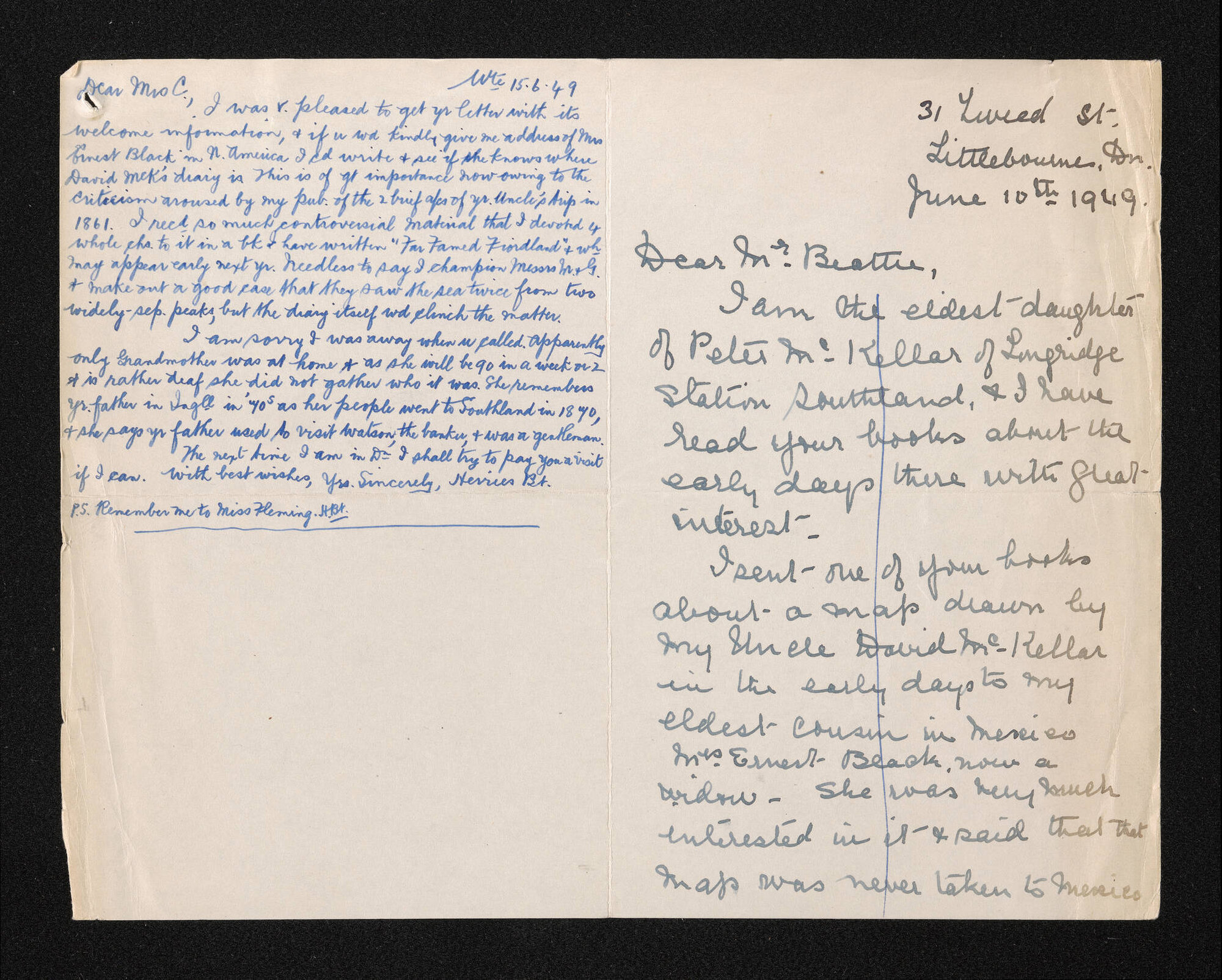 Letter, 10 June 1949, from Mary Cameron, to Herries Beattie