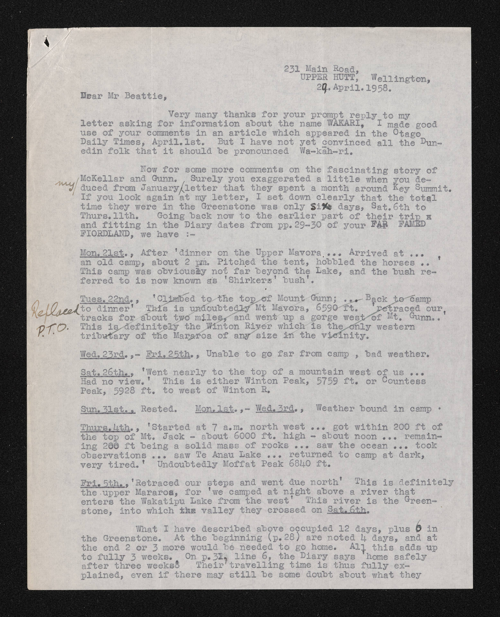 Letter, 29 April 1958, from George Moir, to Herries Beattie