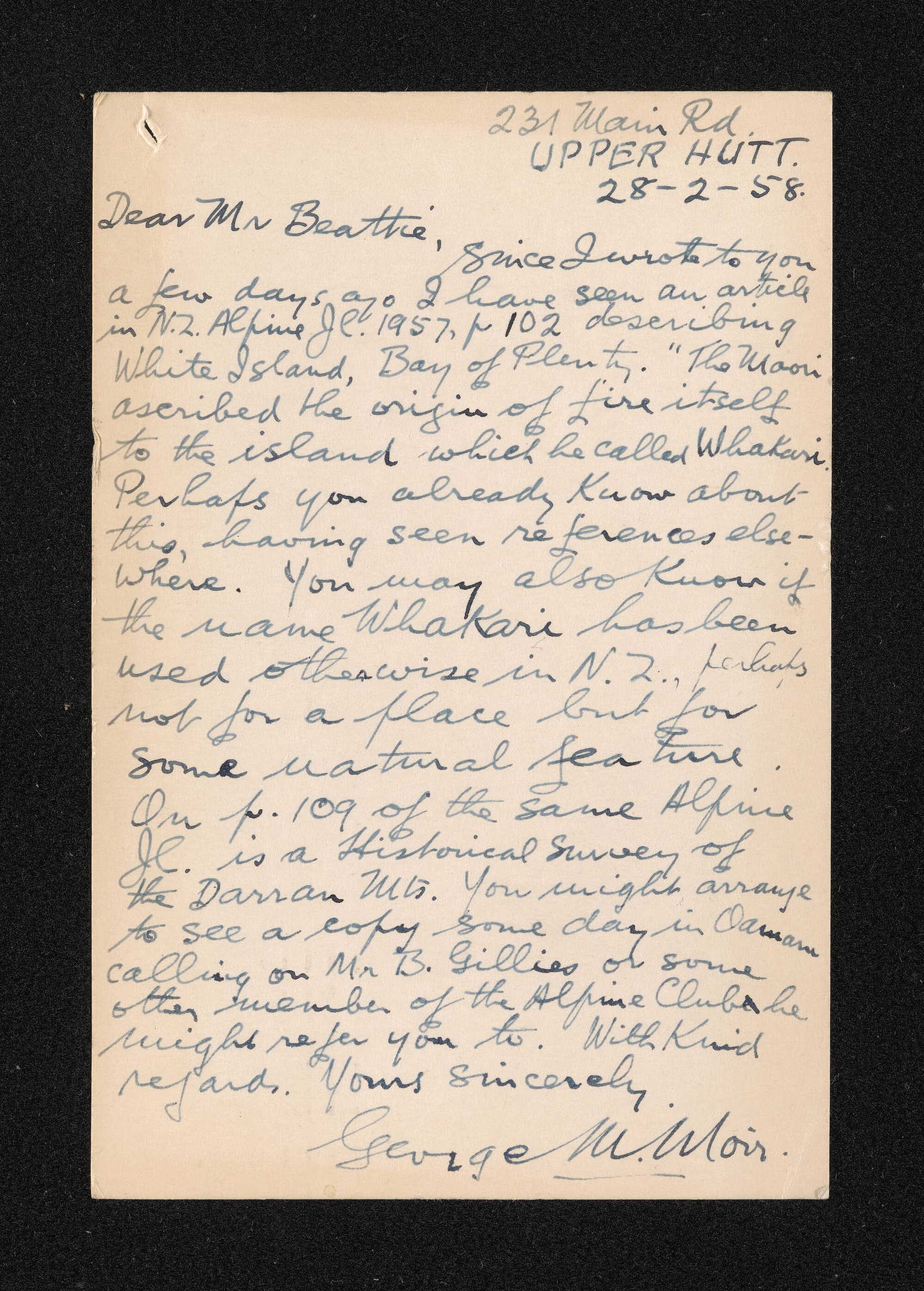 Postcard, 28 February 1958, from George Moir, to Herries Beattie
