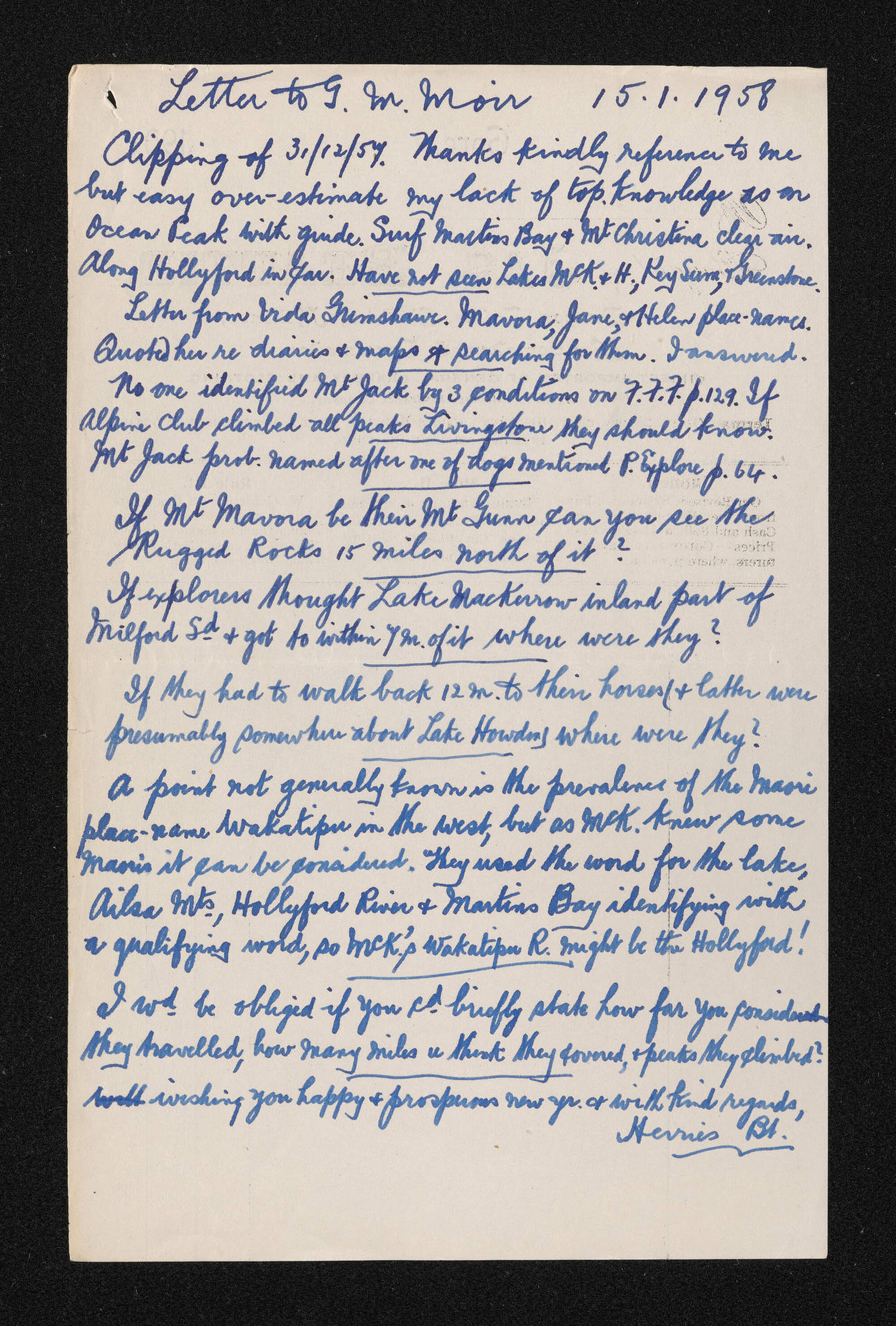 Copy of letter, 15 January 1958, from Herries Beattie, to George Moir