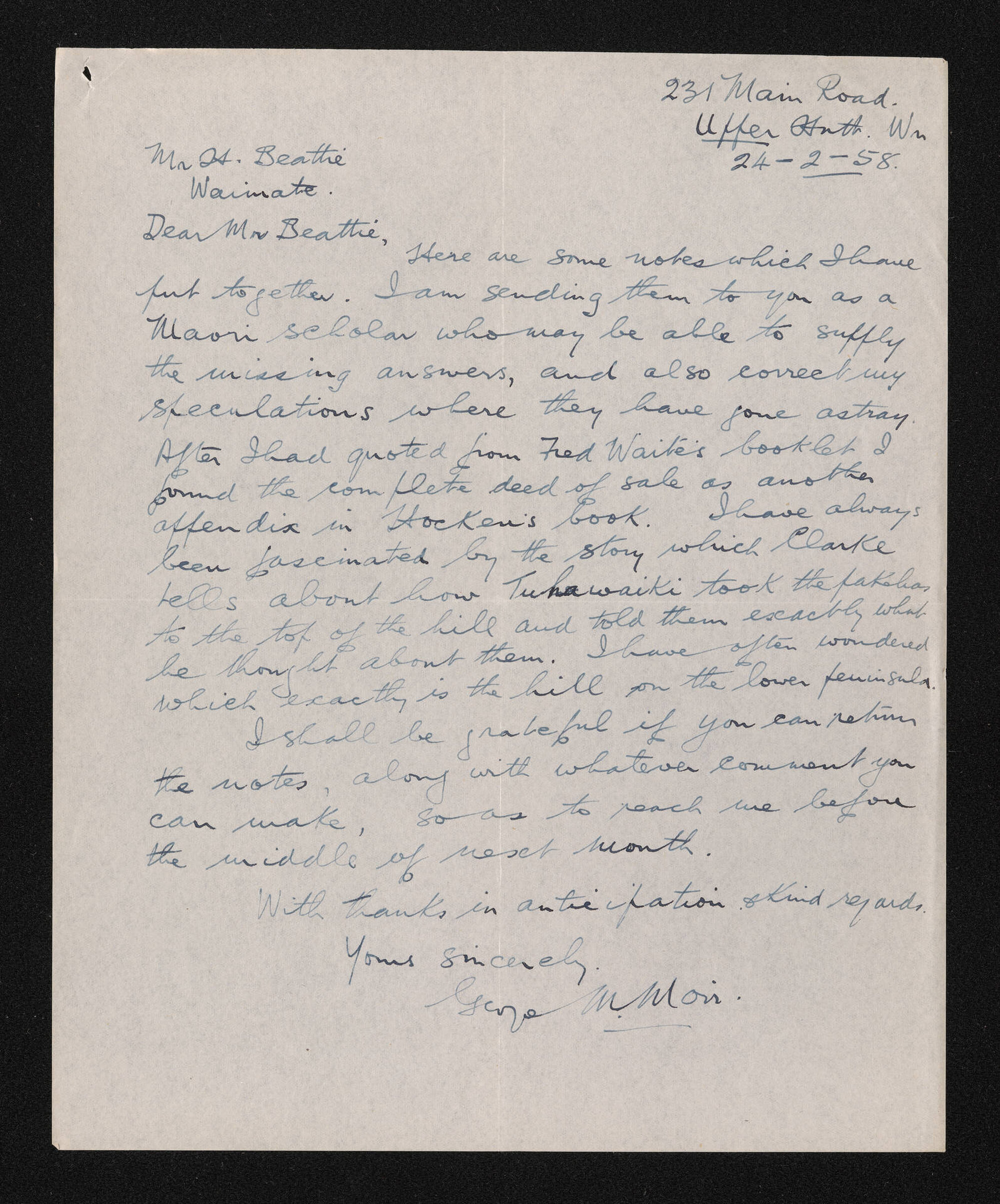 Letter, 24 February 1958, from George Moir, to Herries Beattie