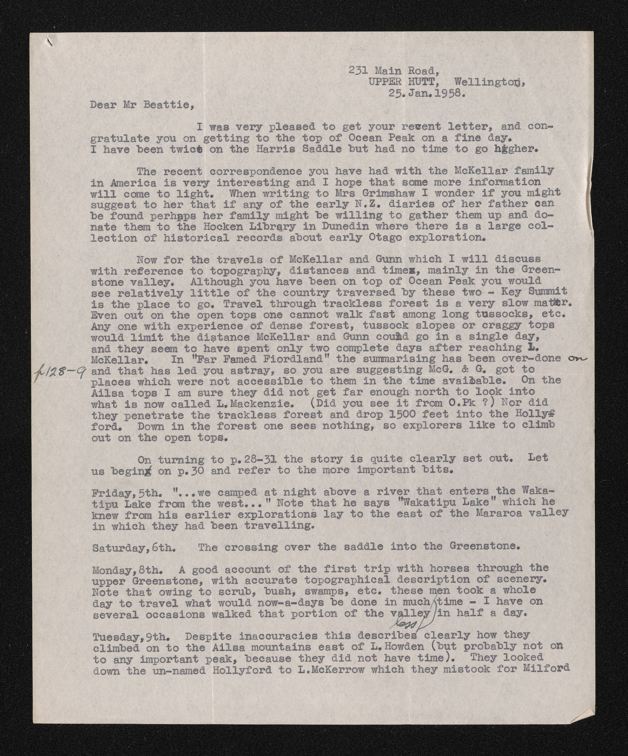 Letter, 25 January 1958, from George Moir, to Herries Beattie