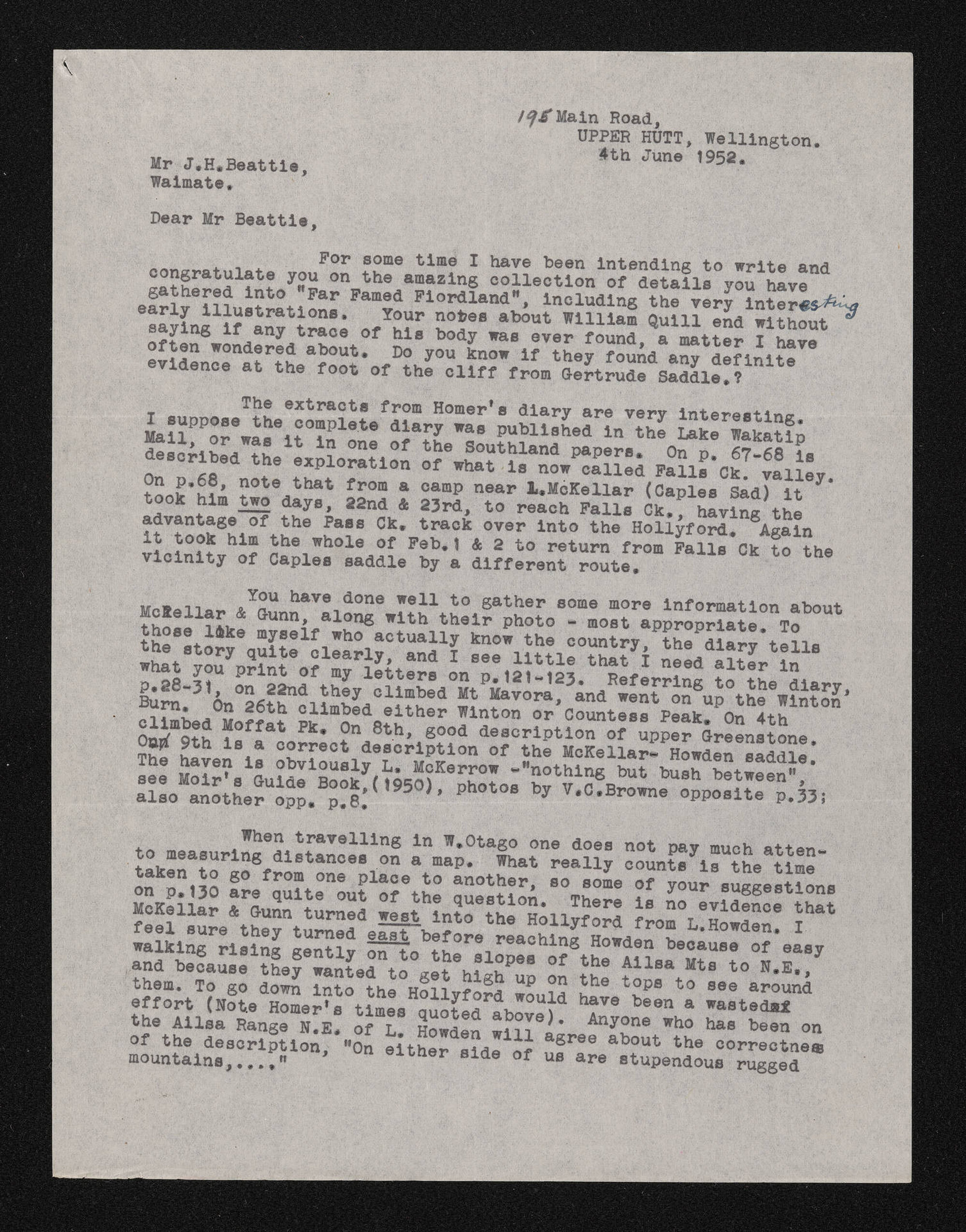 Letter, 4 June 1952, from George Moir, to Herries Beattie