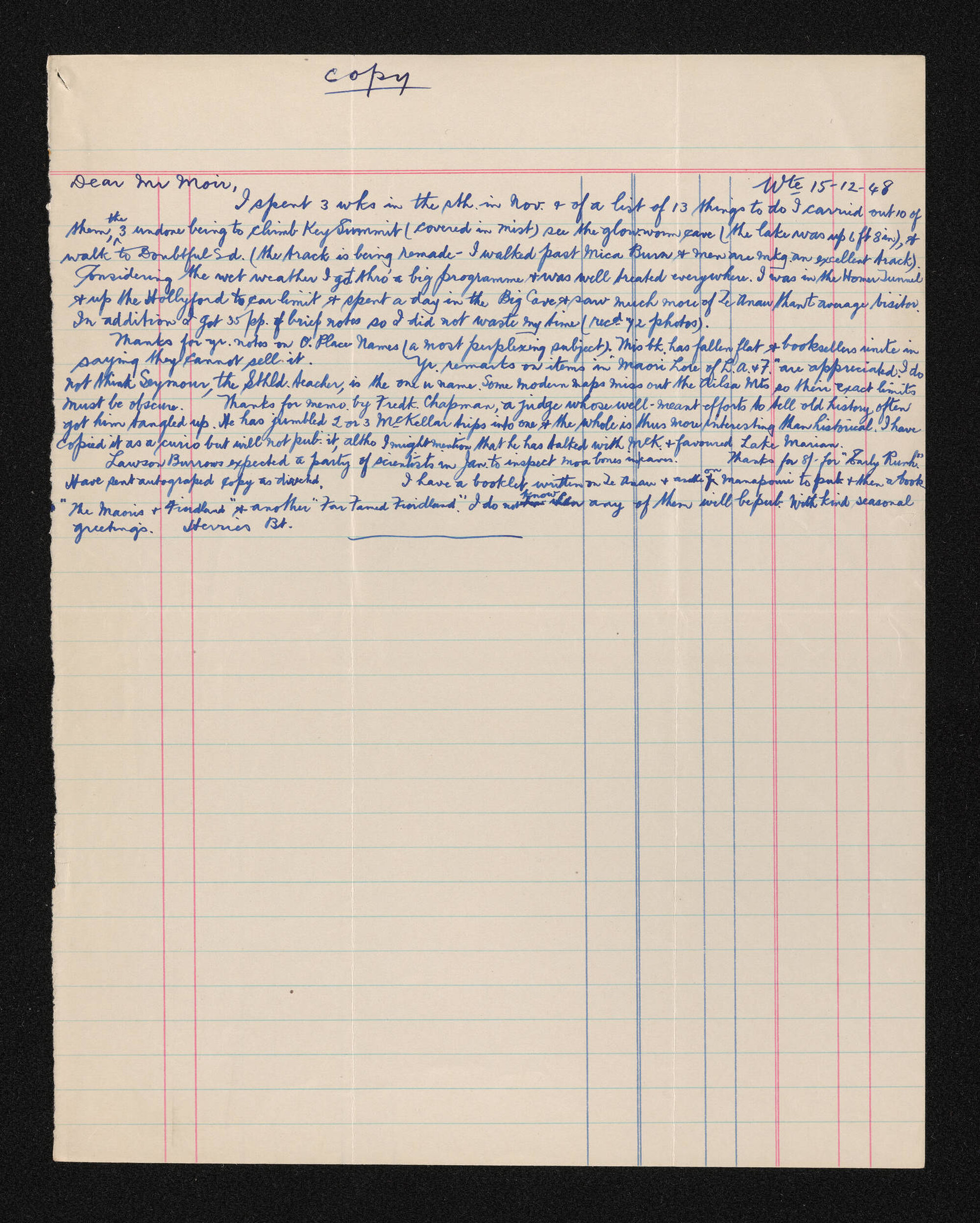 Copy of letter, 15 December 1948, from Herries Beattie, to George Moir