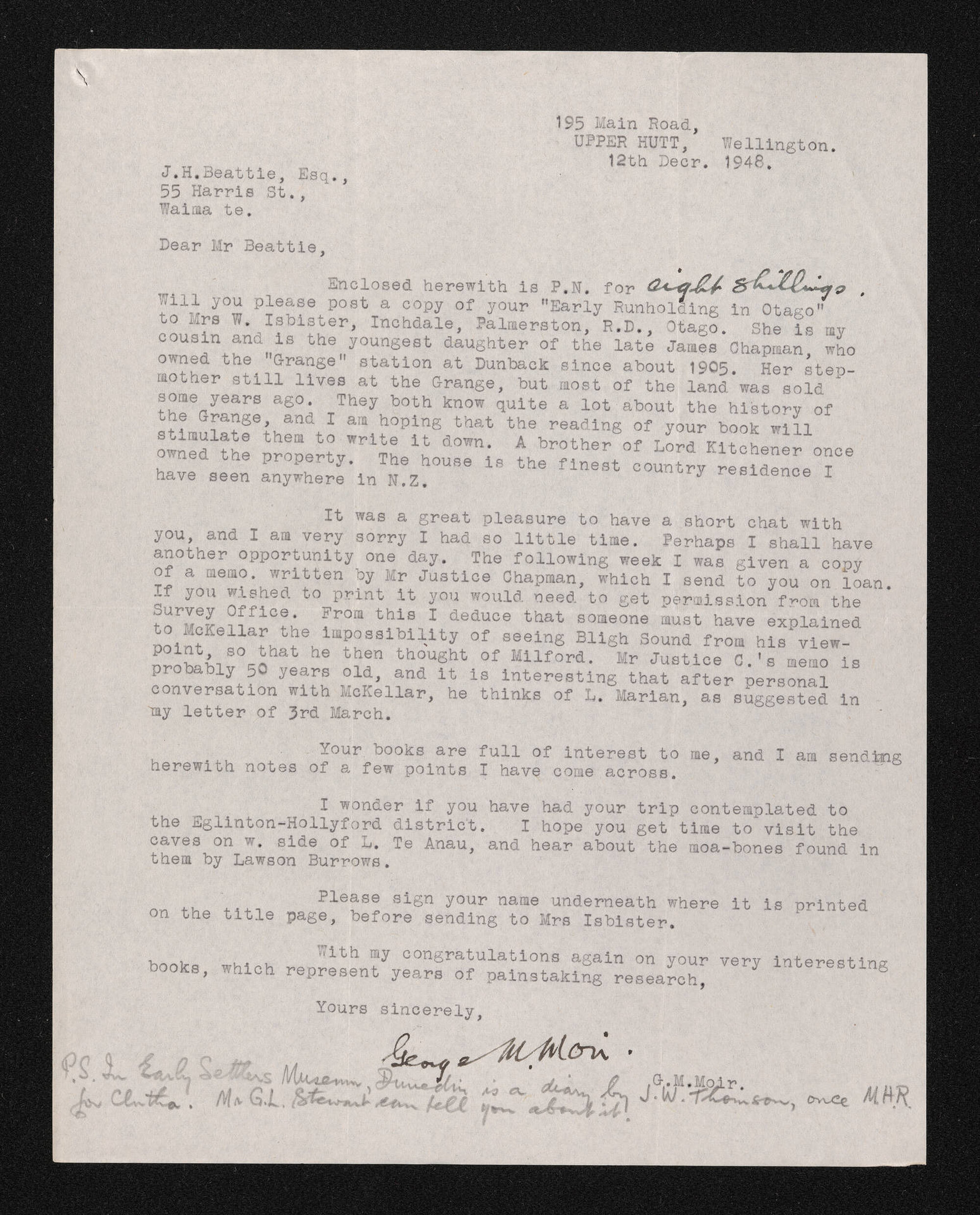 Letter, 12 December 1948, from George Moir, to Herries Beattie