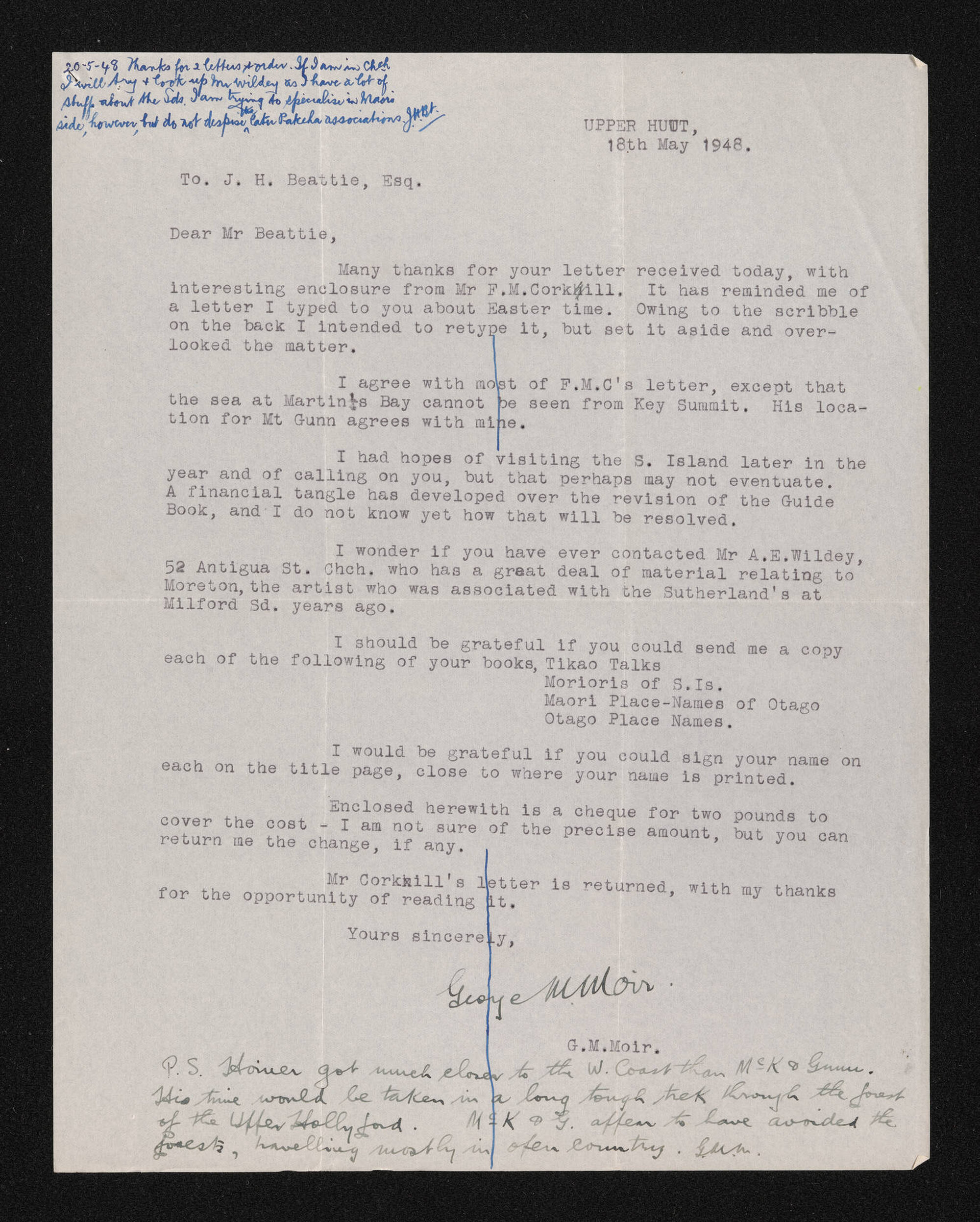 Letter, 18 May 1948, from George Moir, to Herries Beattie