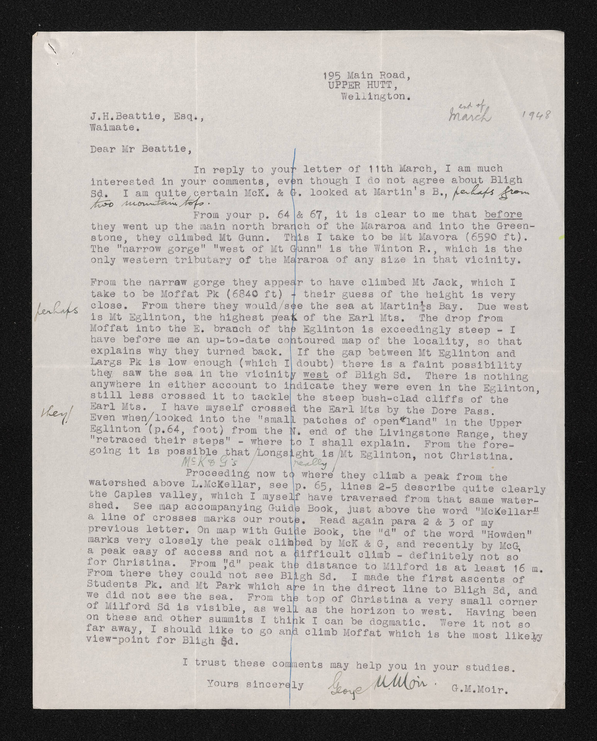 Letter, March 1948, from George Moir, to Herries Beattie