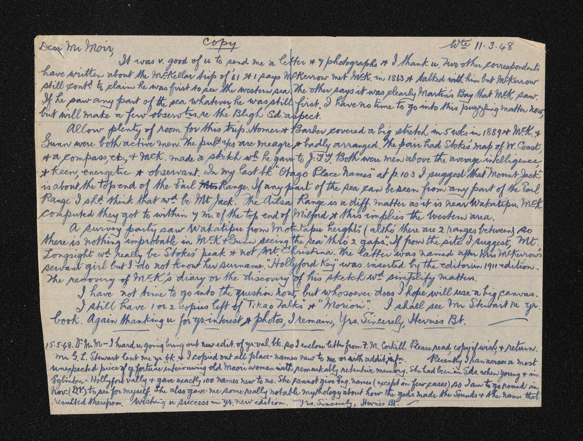 Copy of letter, 11 March 1948, from Herries Beattie, to George Moir