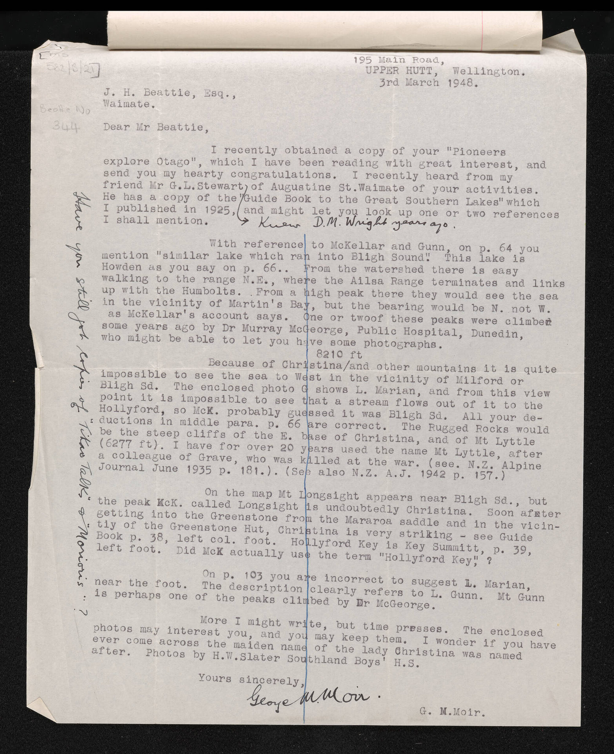 Letter, 3 March 1948, from George Moir, to Herries Beattie