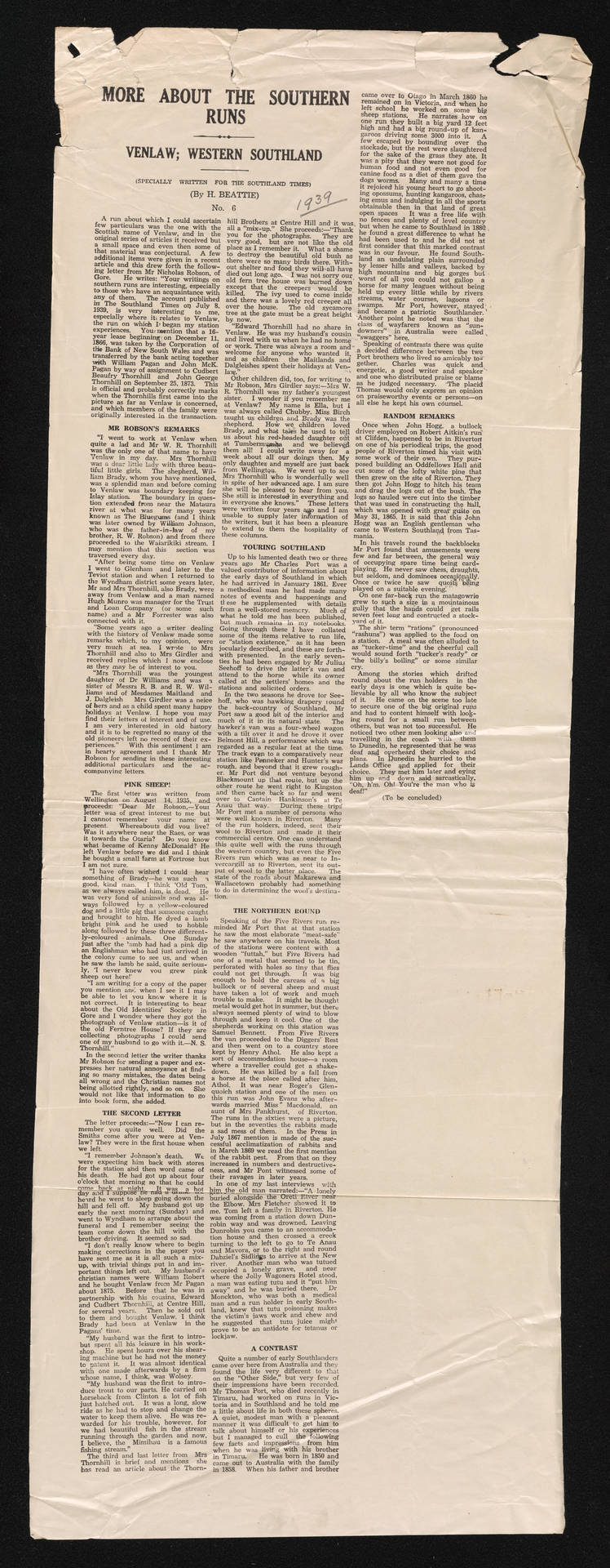 Article written for the Southland Times, 1939, entitled 'More about the Southern Runs' by Herries Beattie regarding the Venlaw Station