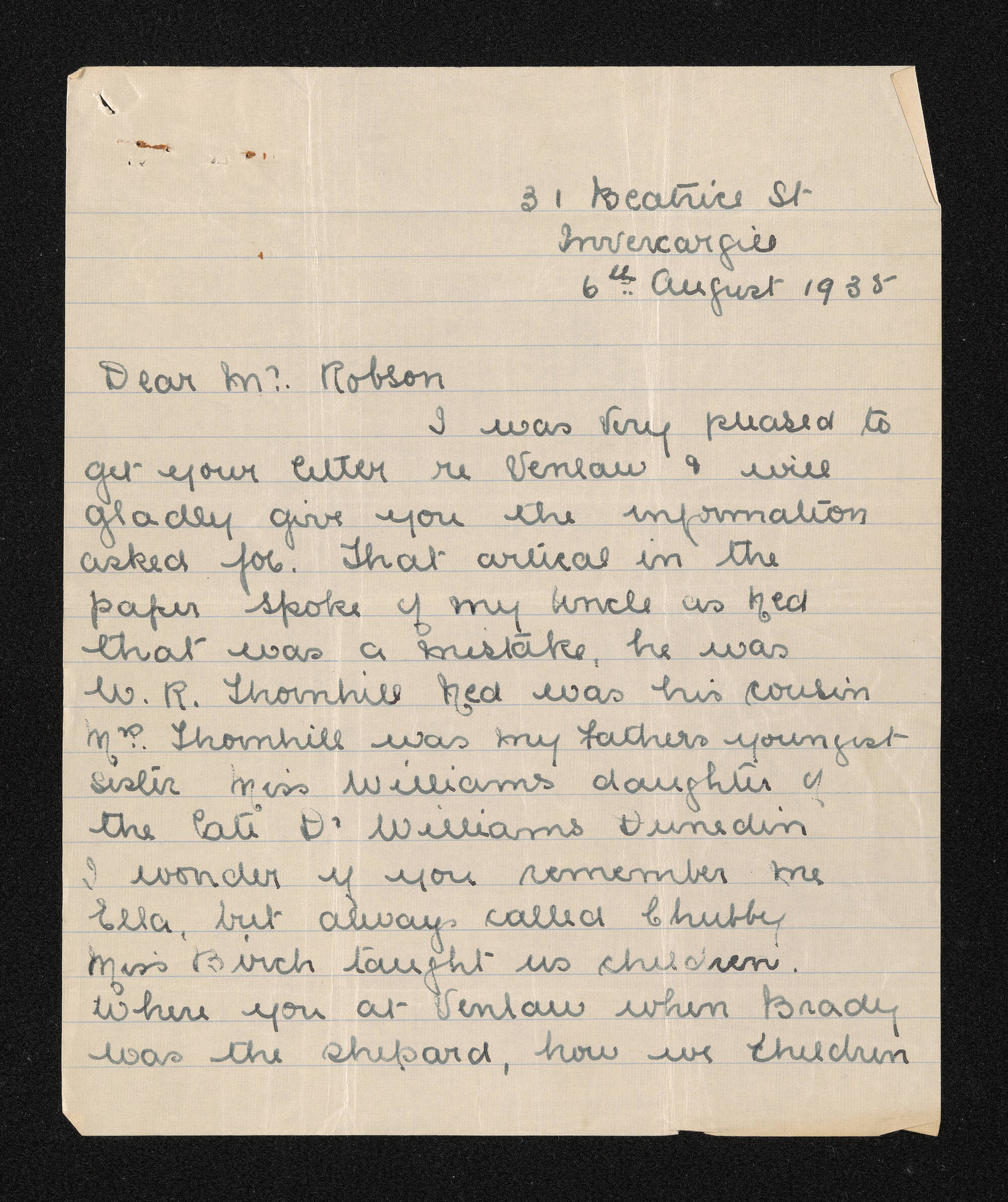 Letter, 6 August 1935, from Ella M. Girdler, to Nicholas Robson