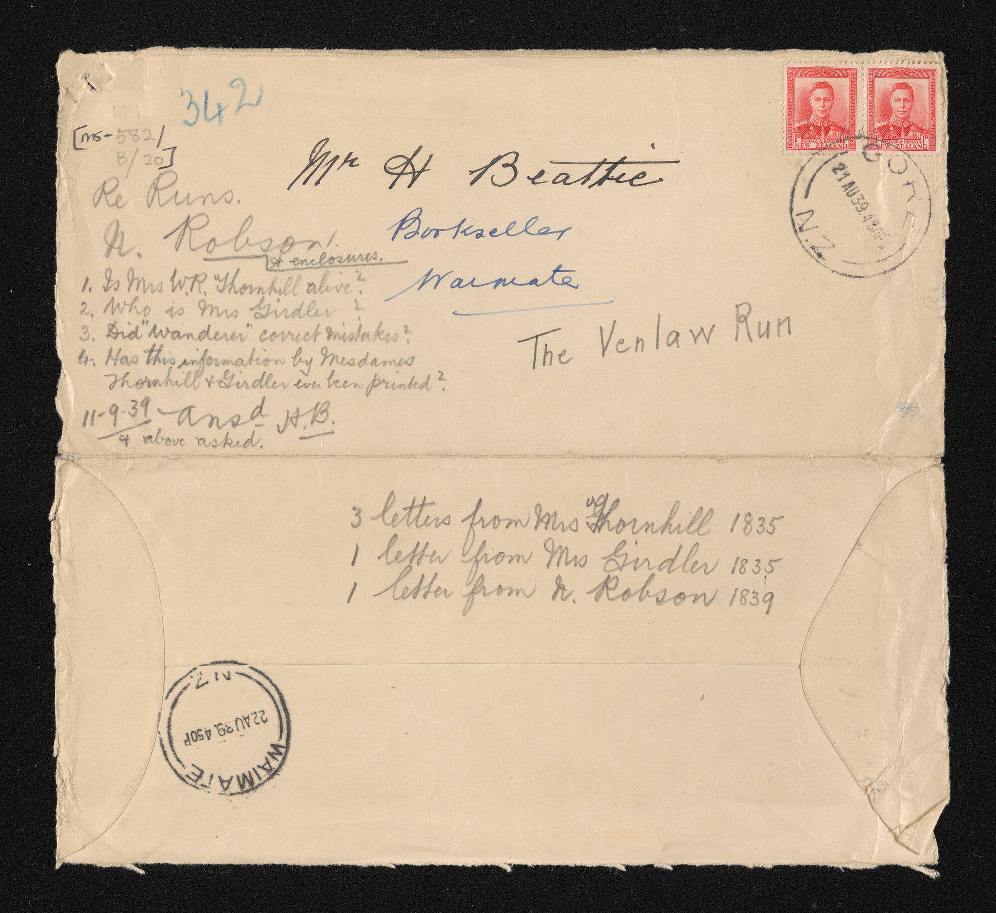 Envelope addressed to H Beattie and list of letters on the Venlaw Run