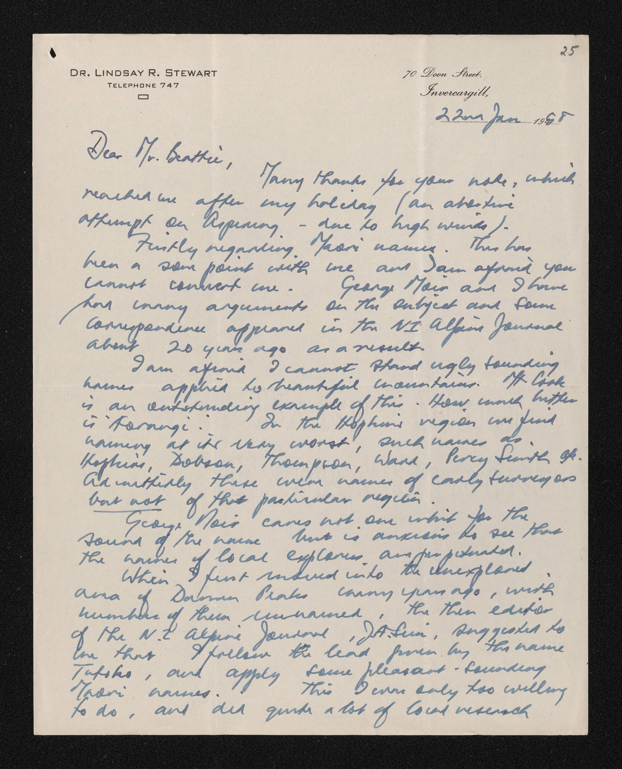 Letter, 22 January 1958, from Lindsay Stewart, to Herries Beattie