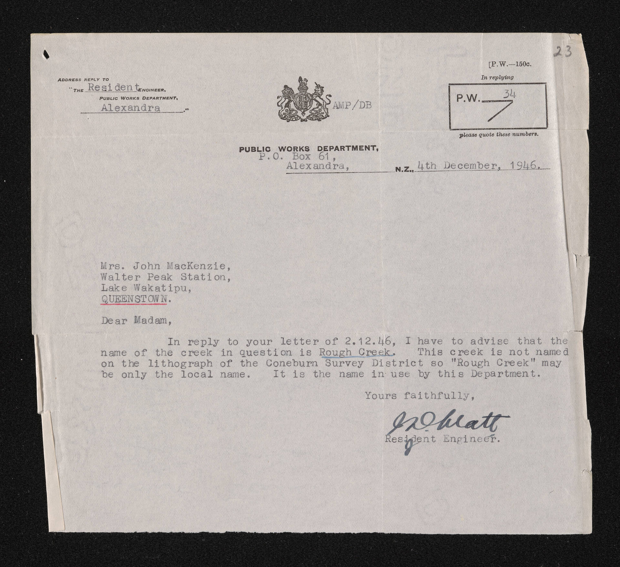 Letter, 4 December 1946, from J.D. Watt, to Mrs John MacKenzie
