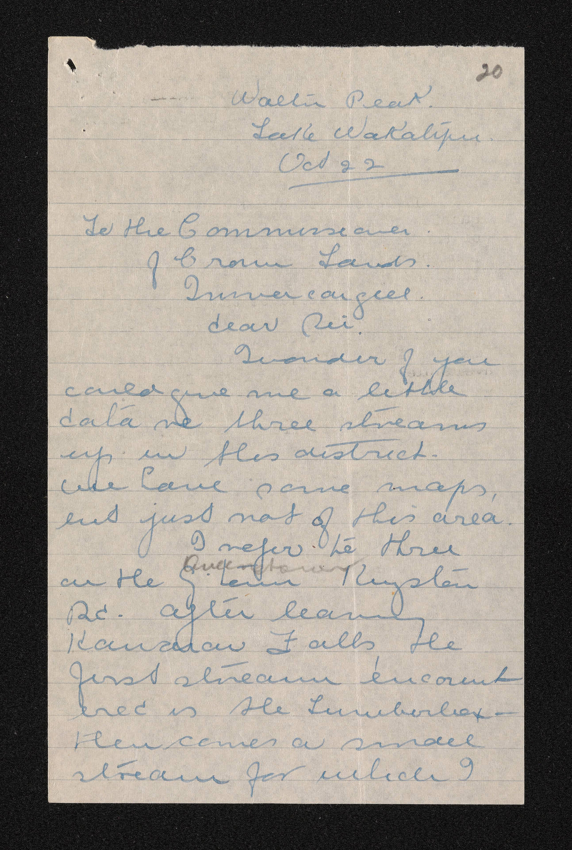 Letter, 22 October 1946, from Mrs John MacKenzie, to the Commissioner of Crown Lands, Invercargill