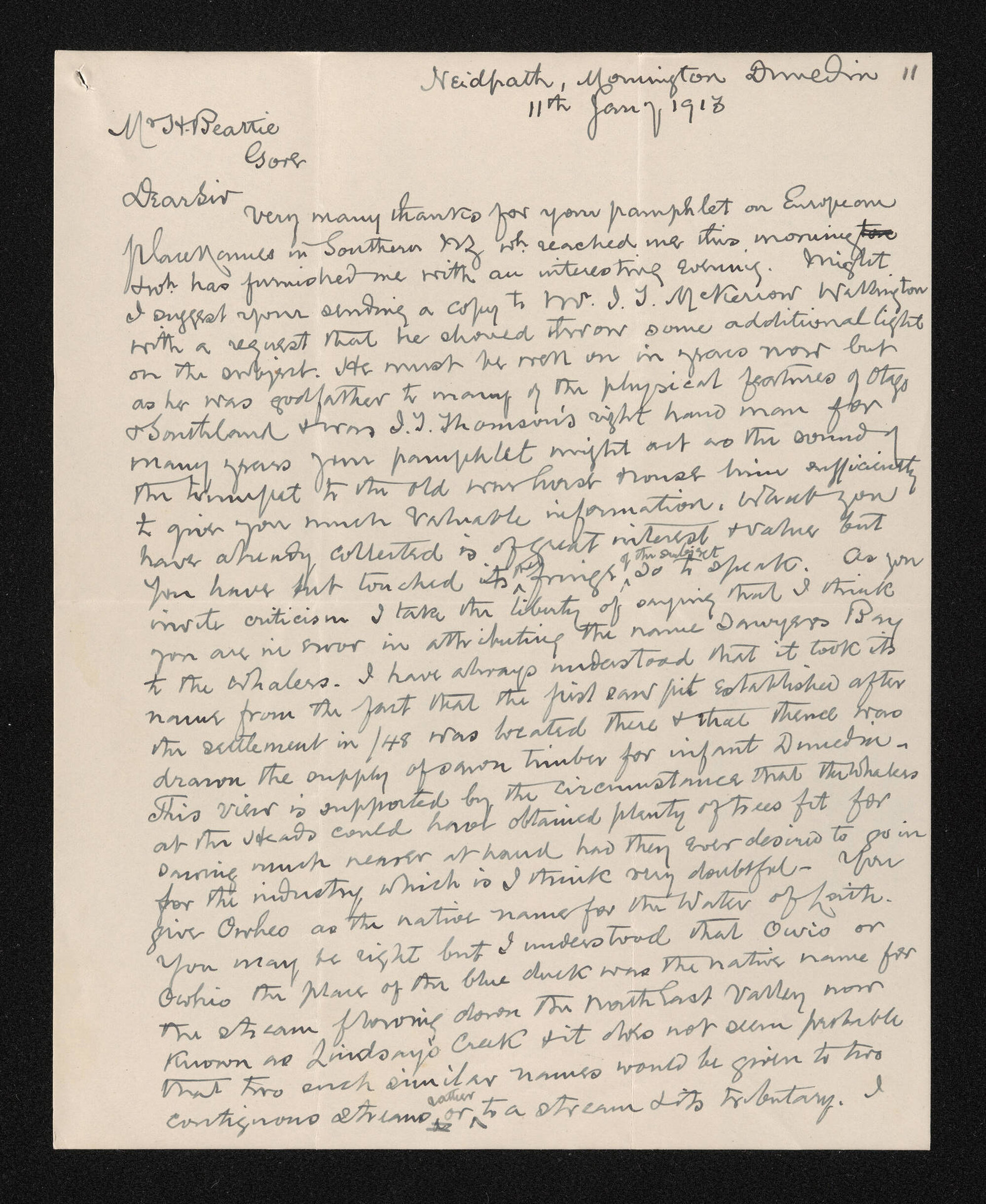 Letter, 11 January 1913, from Alexander Bathgate, to Herries Beattie