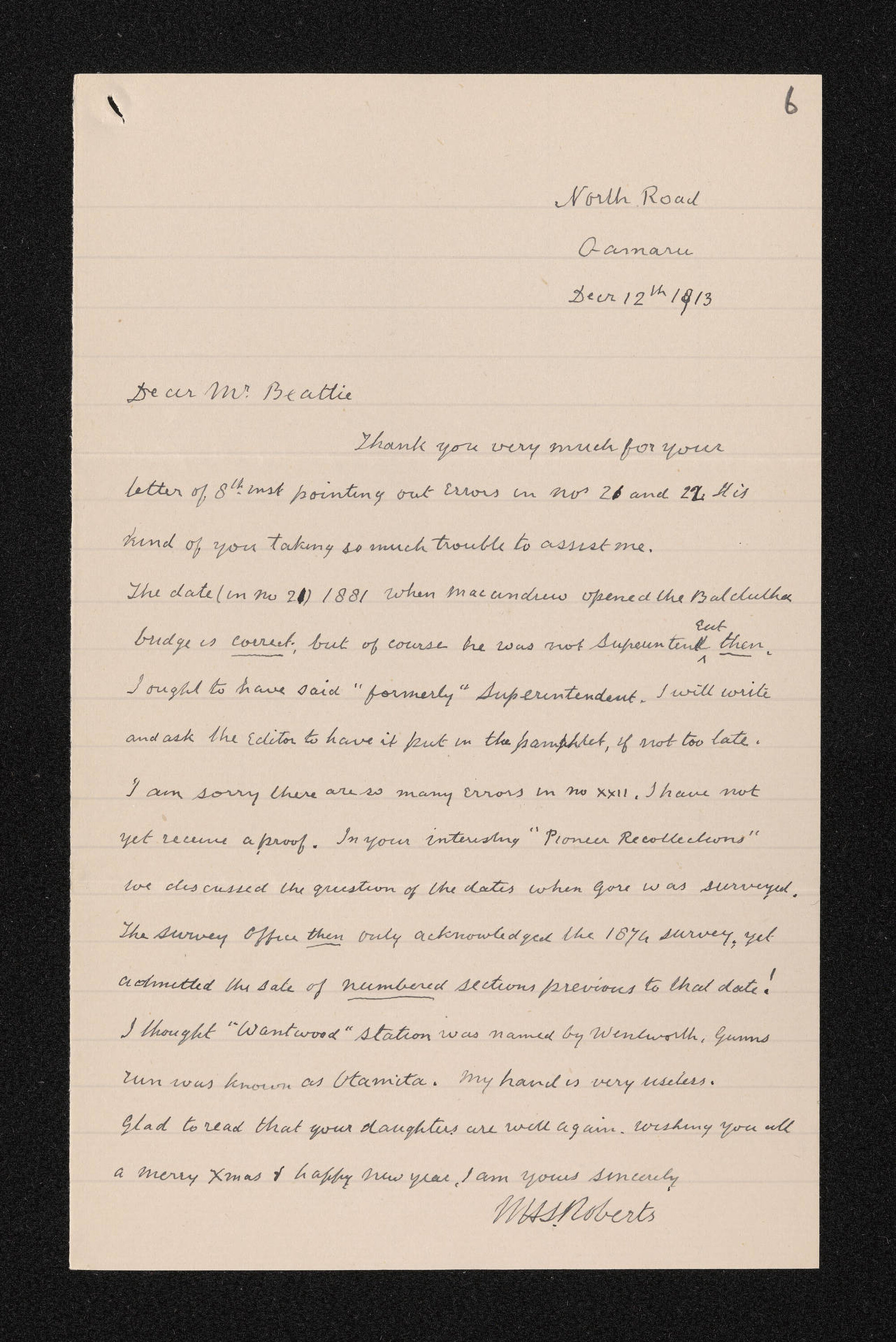 Letter, 12 December 1913, from W.H.S. Roberts, to Herries Beattie