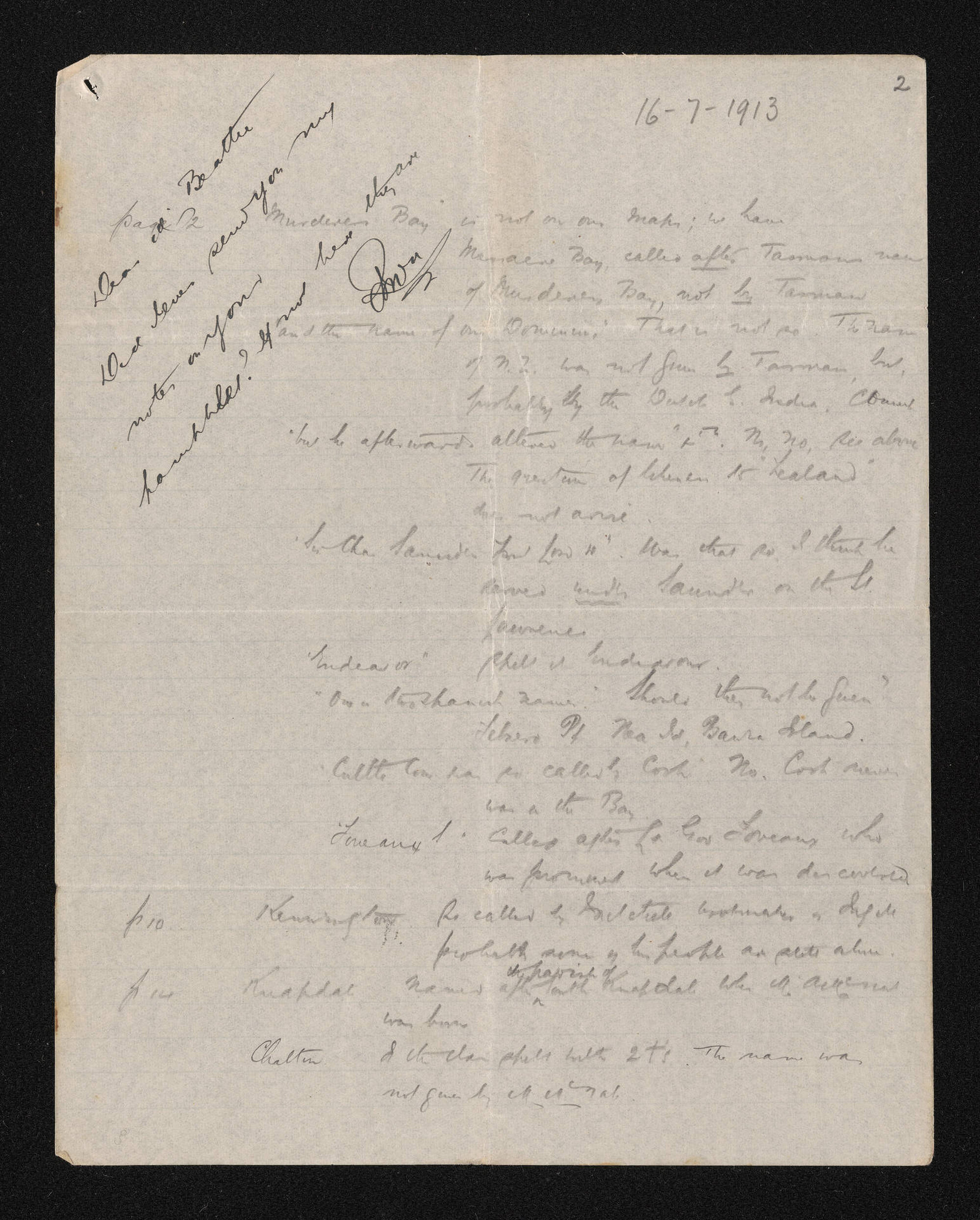 Letter, 16 July 1913, from Robert McNab, to Herries Beattie