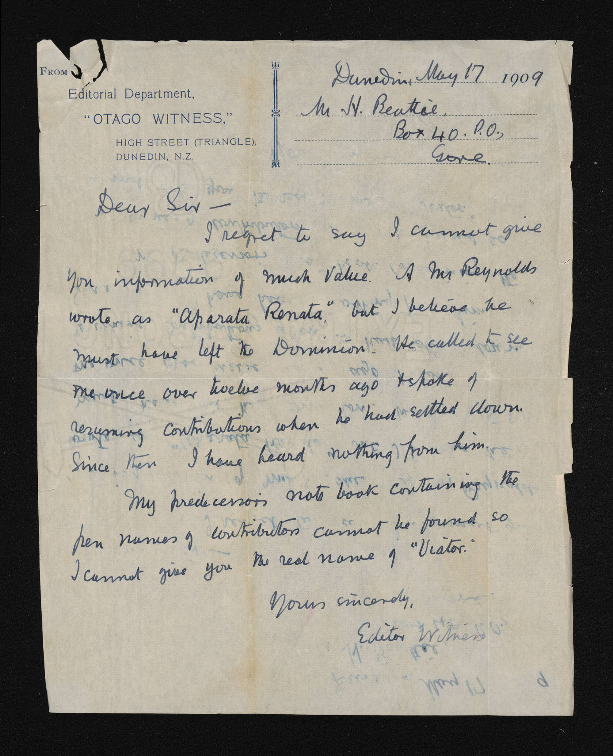 Letter, 17 May 1909, from the Editor of the Otago Witness, to Herries Beattie