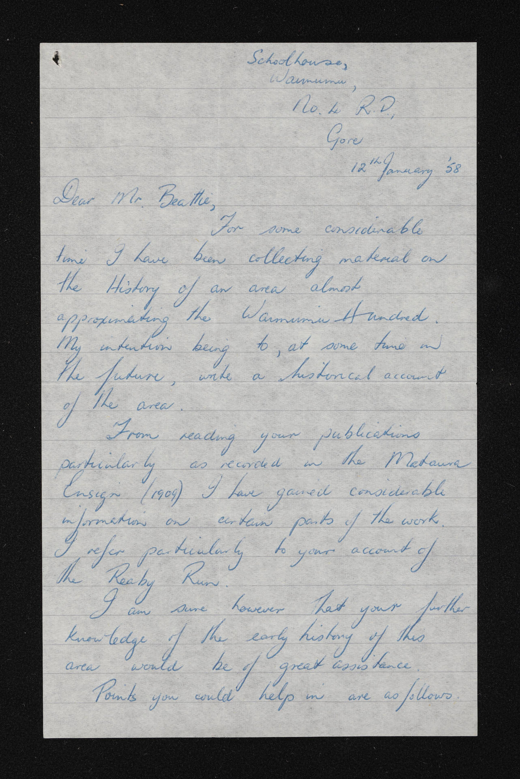 Letter, 12 January 1958, from Lyall S. Barry, to Herries Beattie
