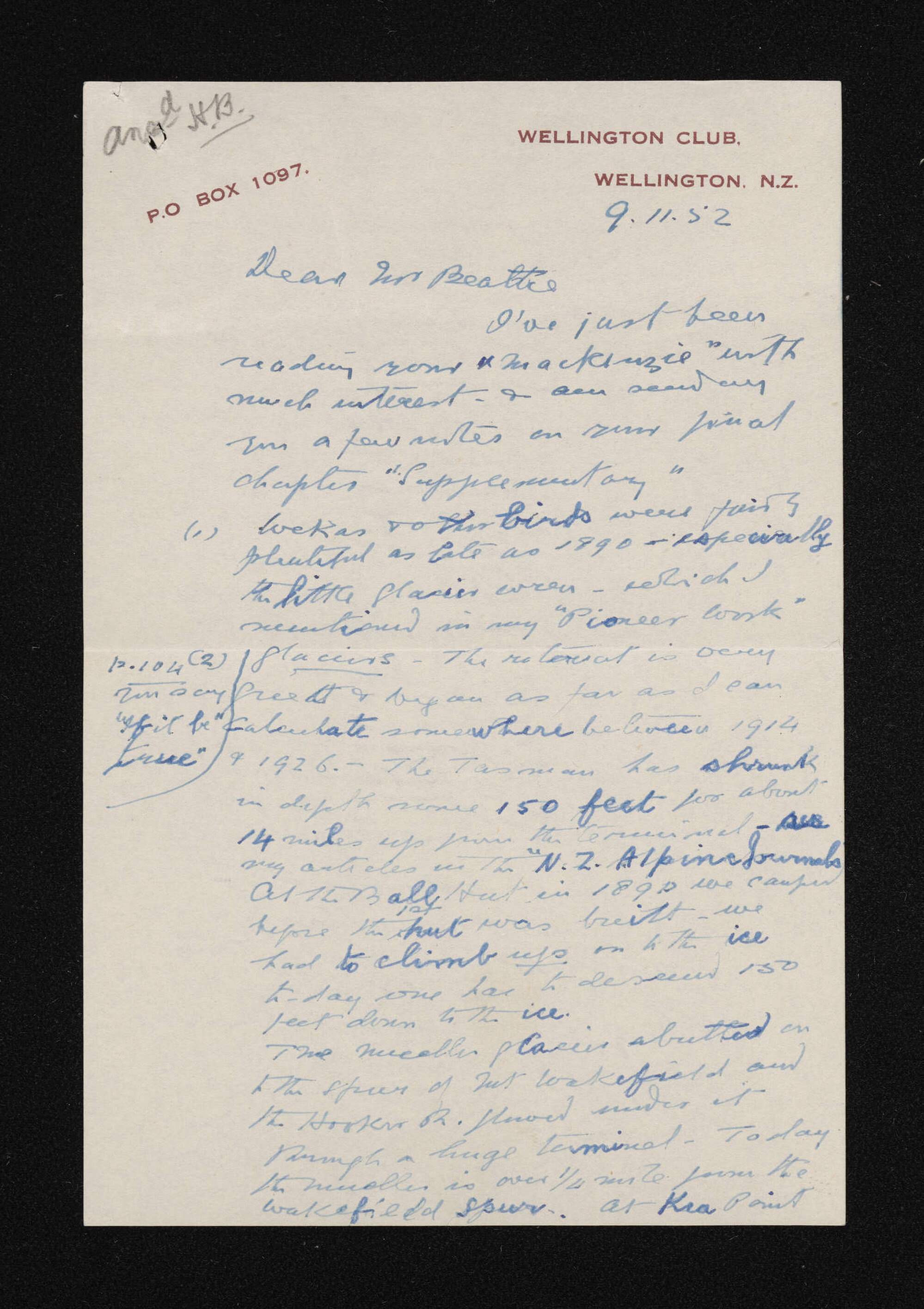 Letter, 9 November 1952, from Arthur Paul Harper, to Herries Beattie