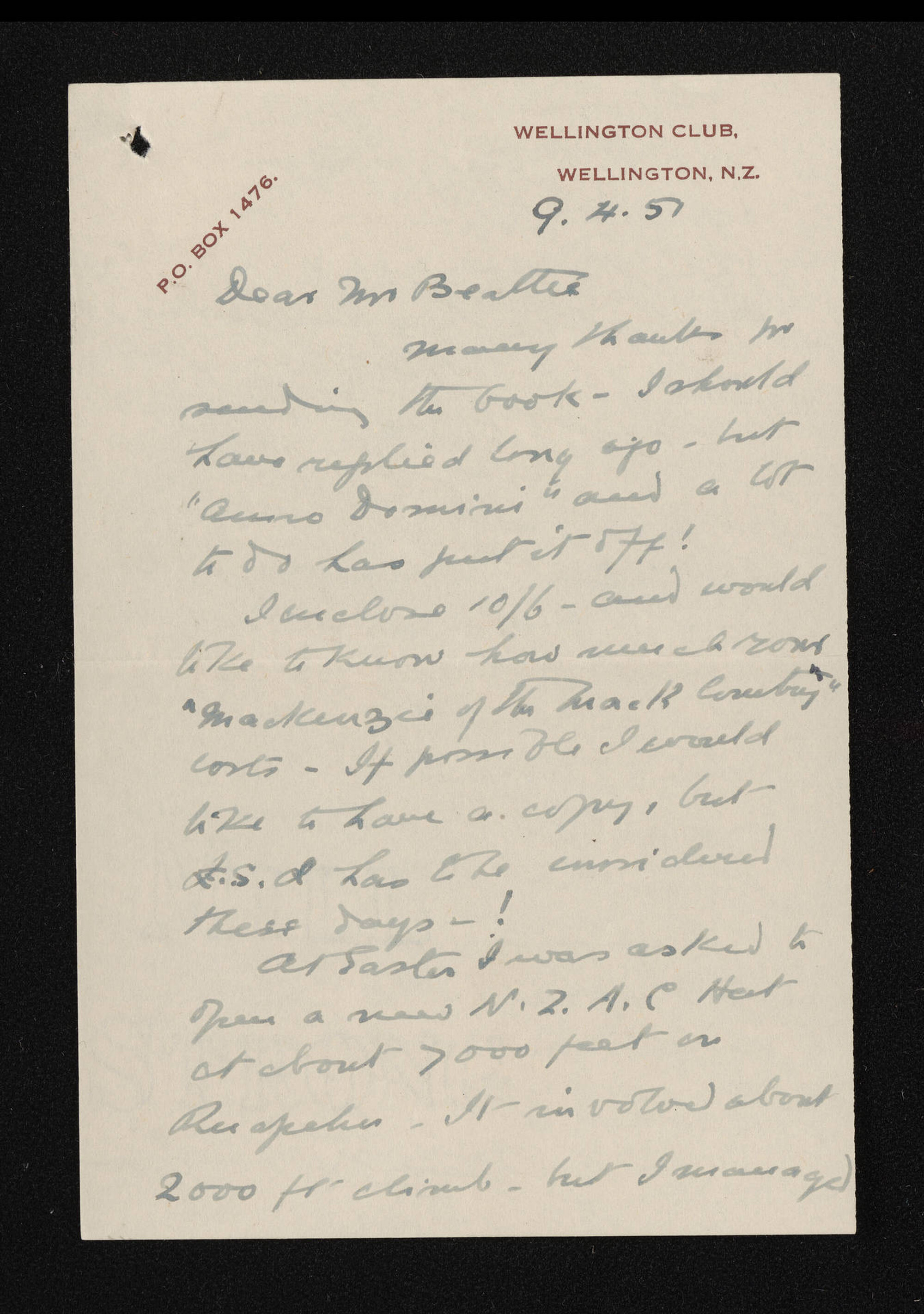 Letter, 9 April 1951, from Arthur Paul Harper, to Herries Beattie