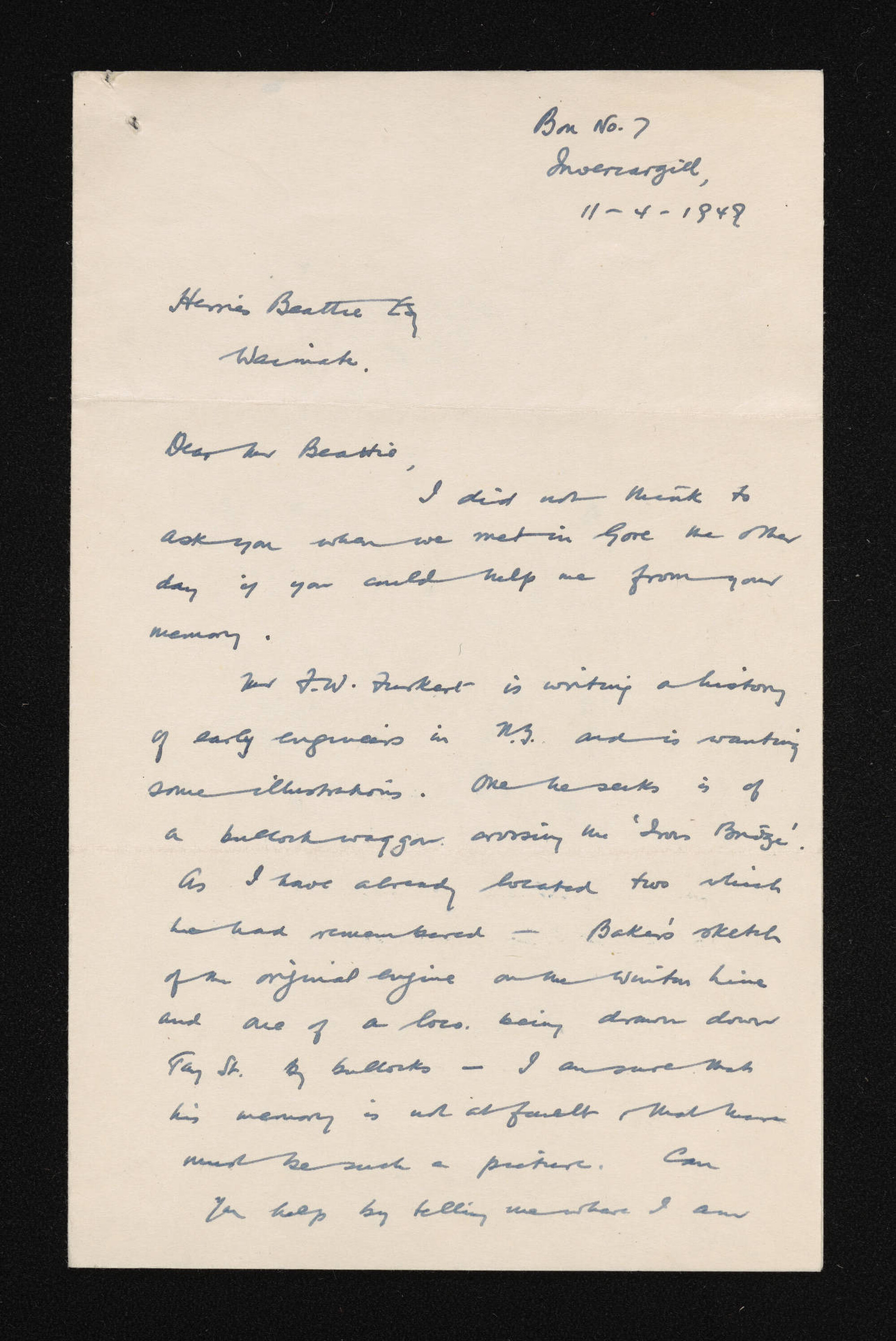 Letter, 11 April 1949, from F.M. Corkil, to Herries Beattie