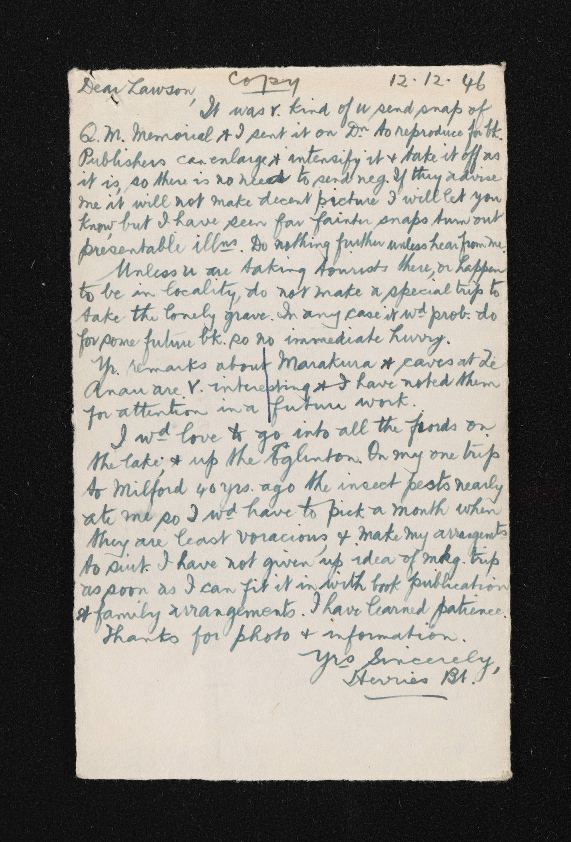 Copy of letter, 12 December 1946, from Herries Beattie, to Lawson Burrows