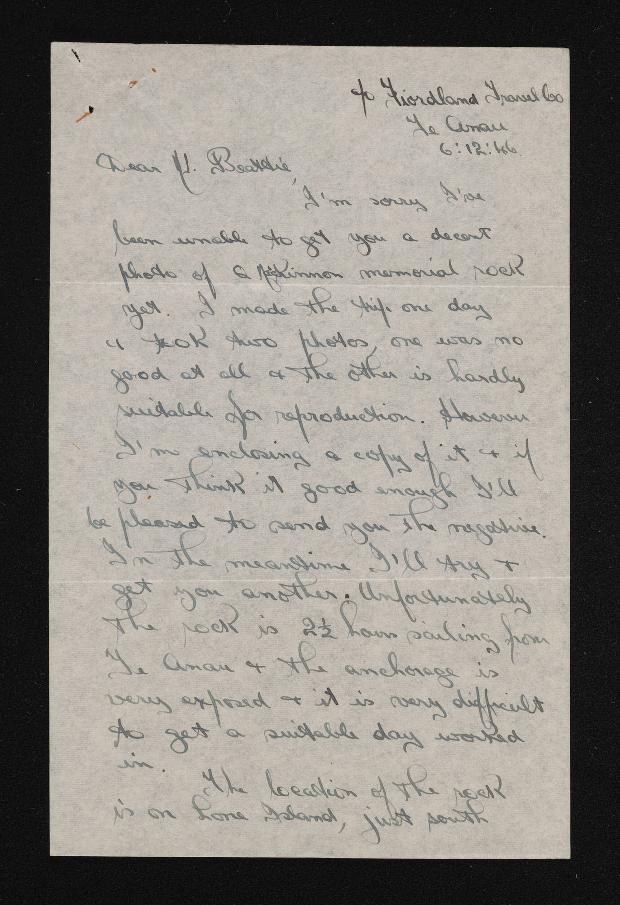 Letter, 6 December 1946, from Lawson Burrows, to Herries Beattie