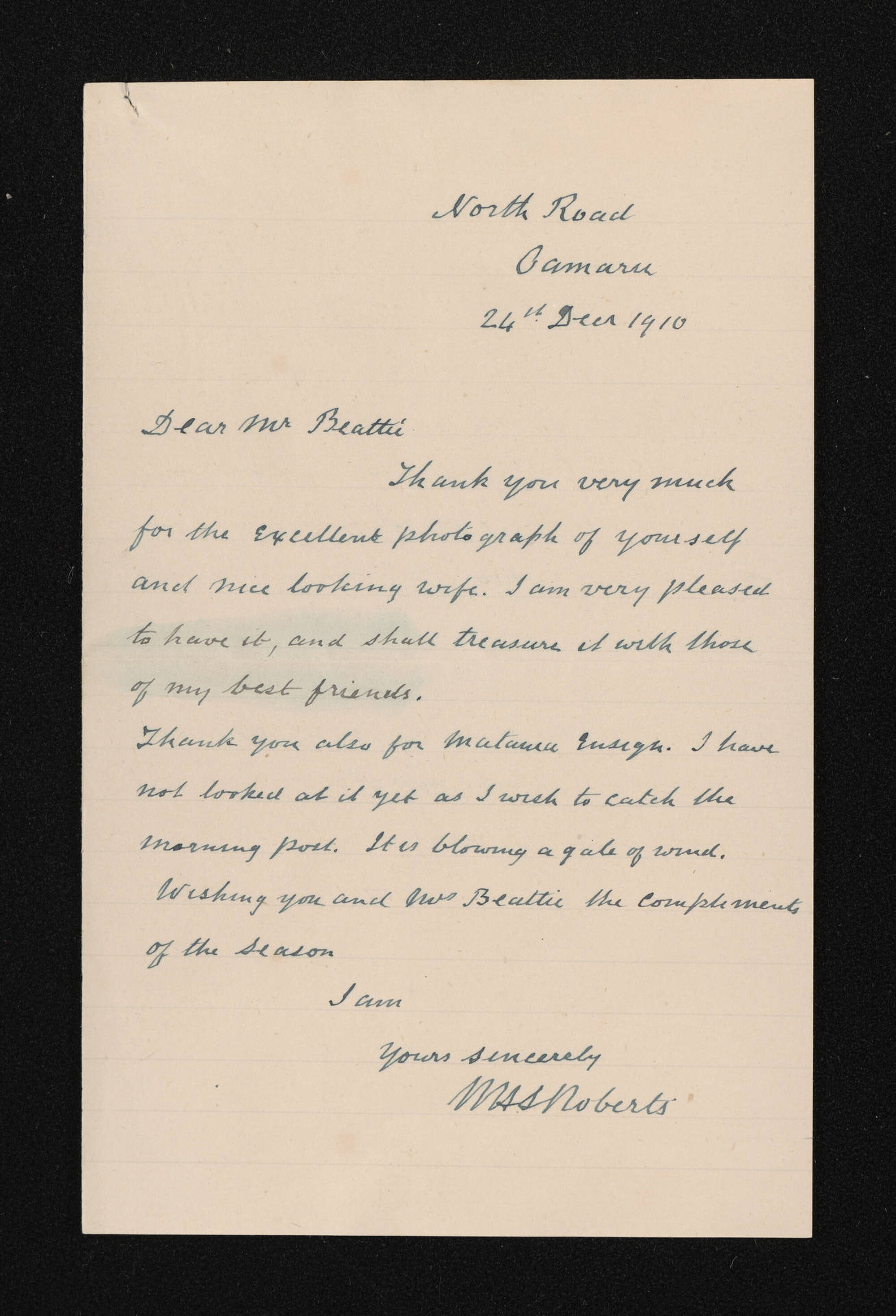Letter, 24 December 1910, from W.H.S. Roberts, to Herries Beattie