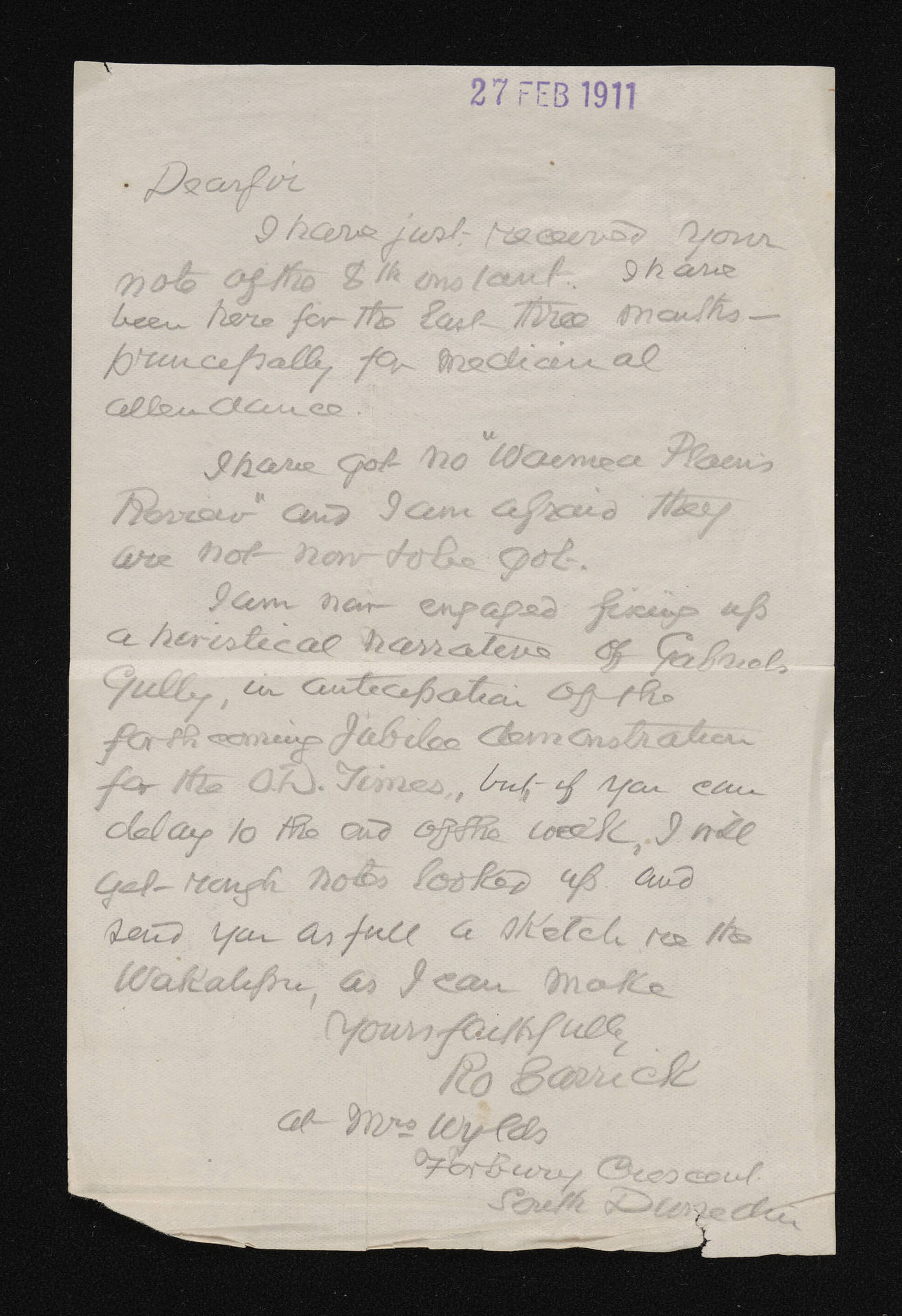 Letter, 27 February 1911, from Robert Carrick, to Herries Beattie