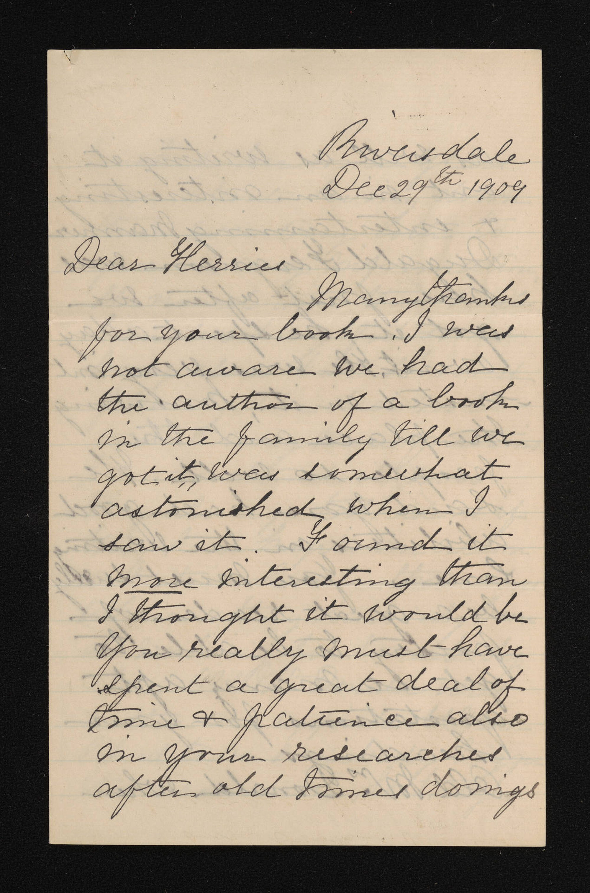 Letter, 29 December 1909, from Eliza Jane Craig, to Herries Beattie