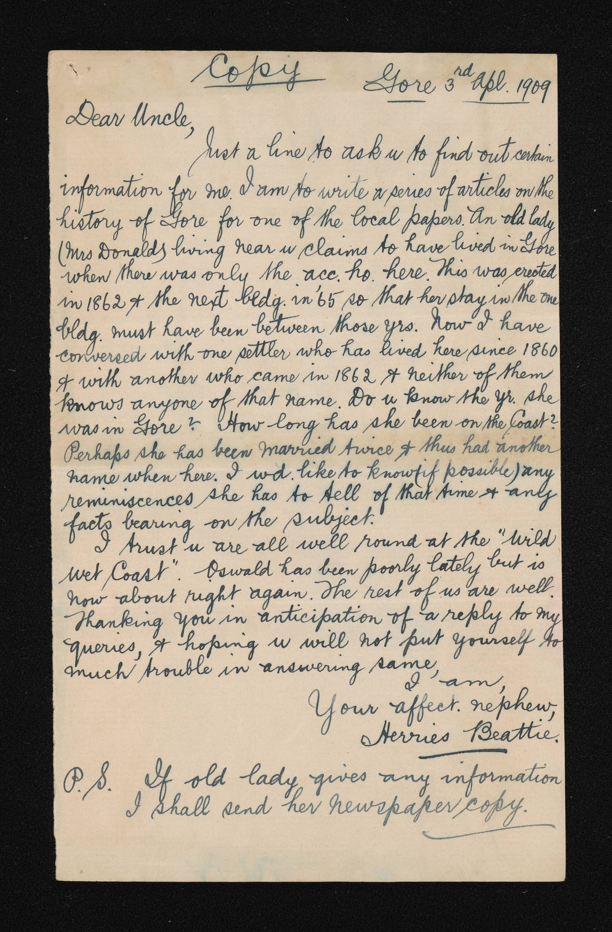 Copy of letter, 3 April 1909, from Herries Beattie, to Thomas Craig