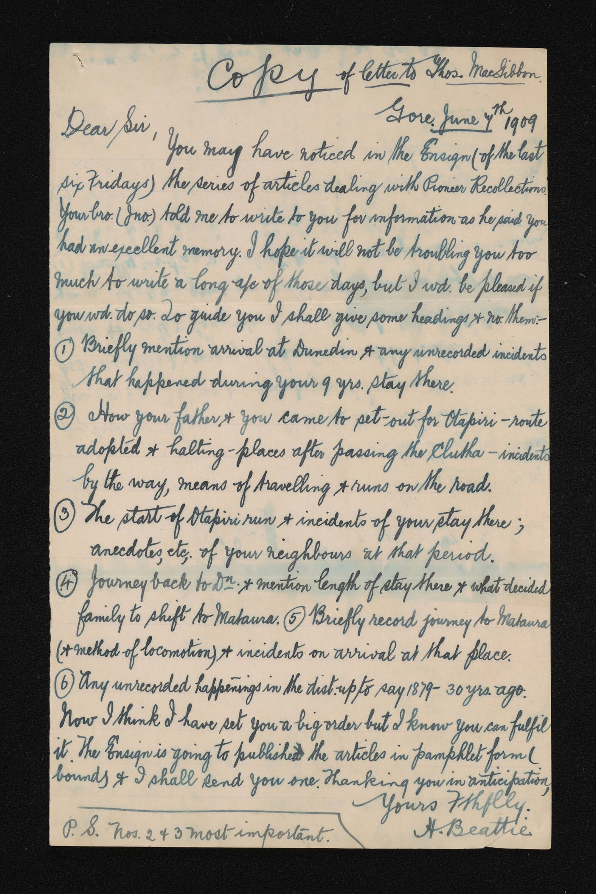 Copy of letter, 7 June 1909, from Herries Beattie, to Thomas MacGibbon