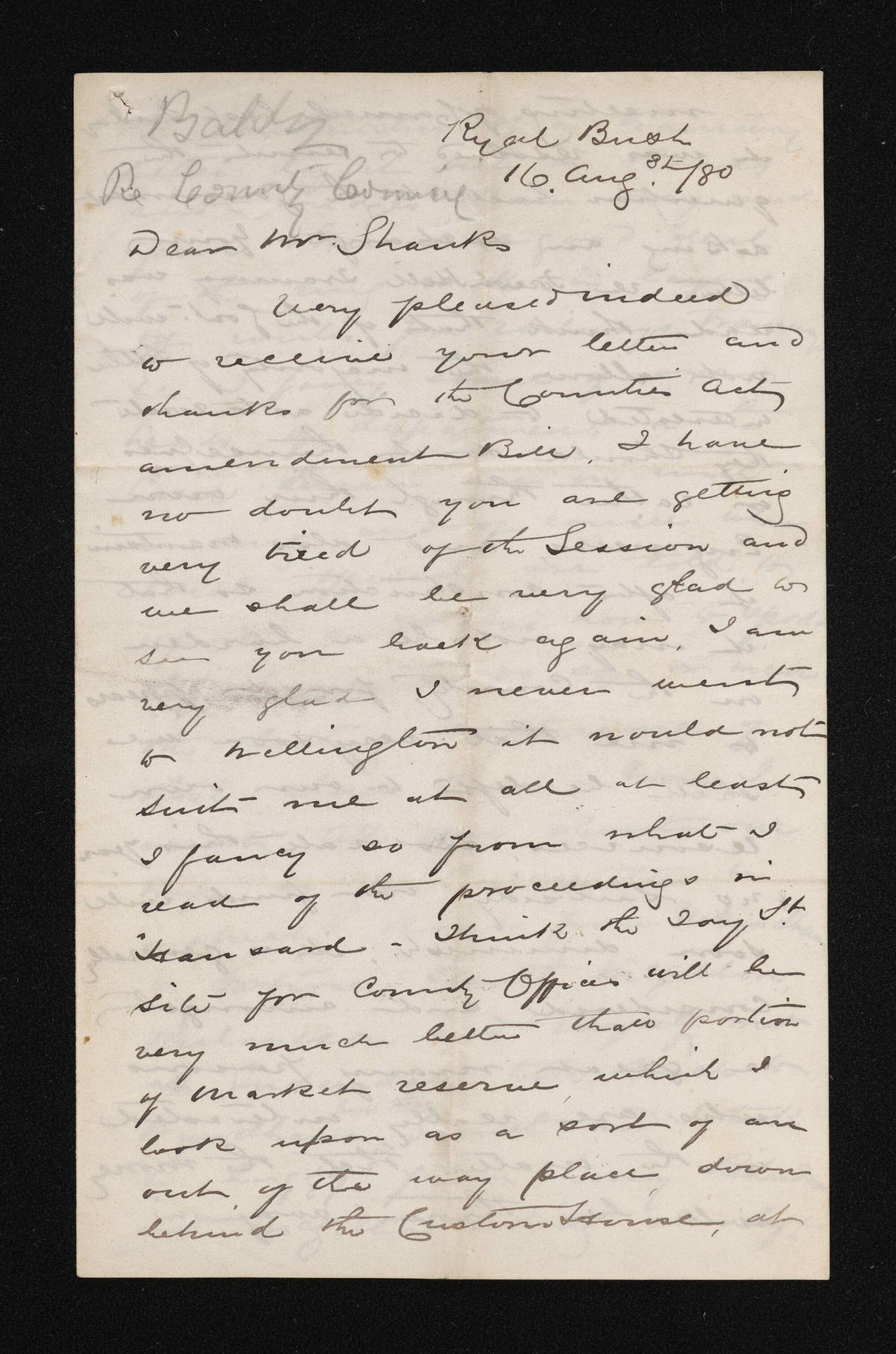 Letter, 16 August 1880, from Alfred Baldey, to Mr Shanks