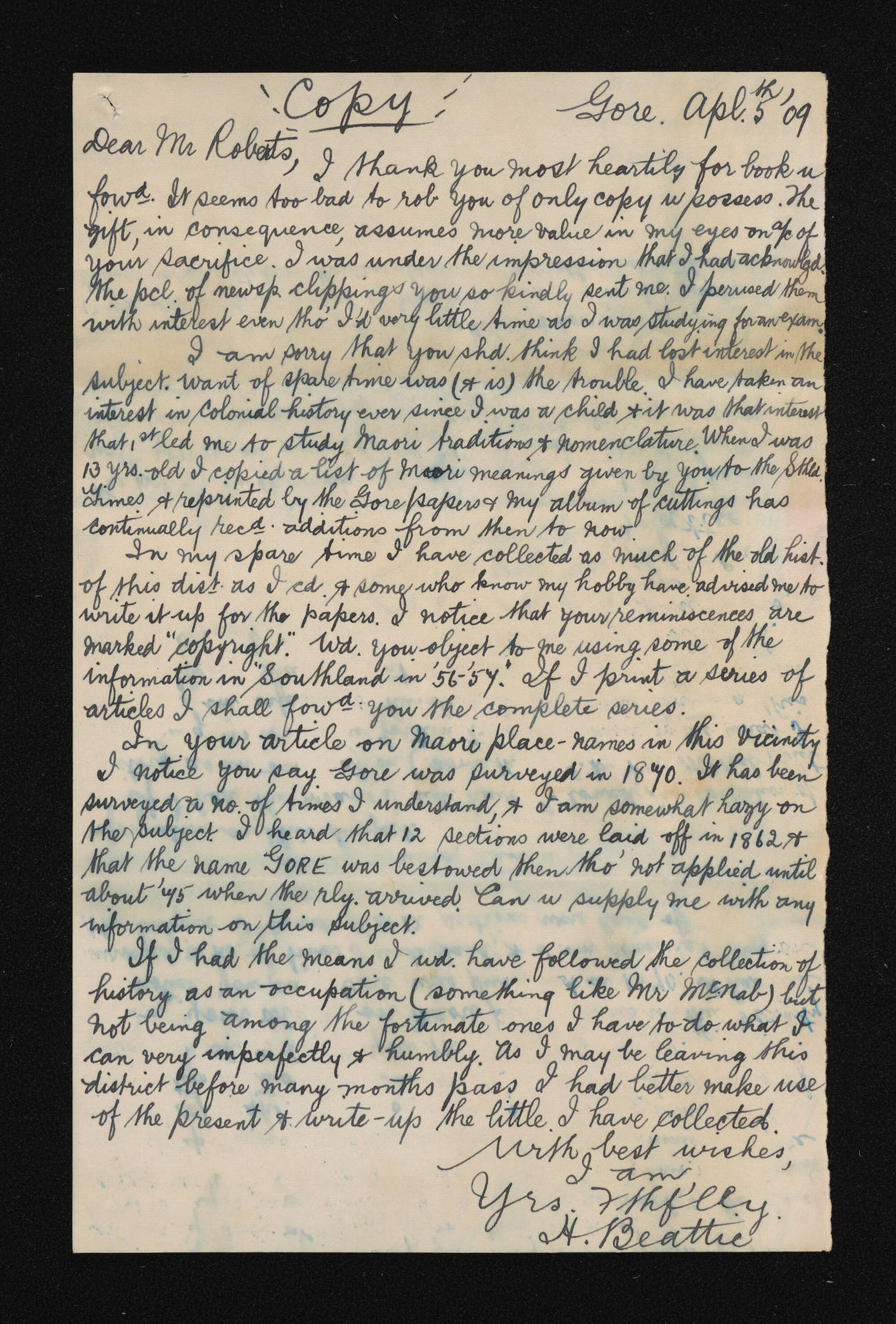 Copy of letter, 5 April 1909, from Herries Beattie, to W.H.S. Roberts