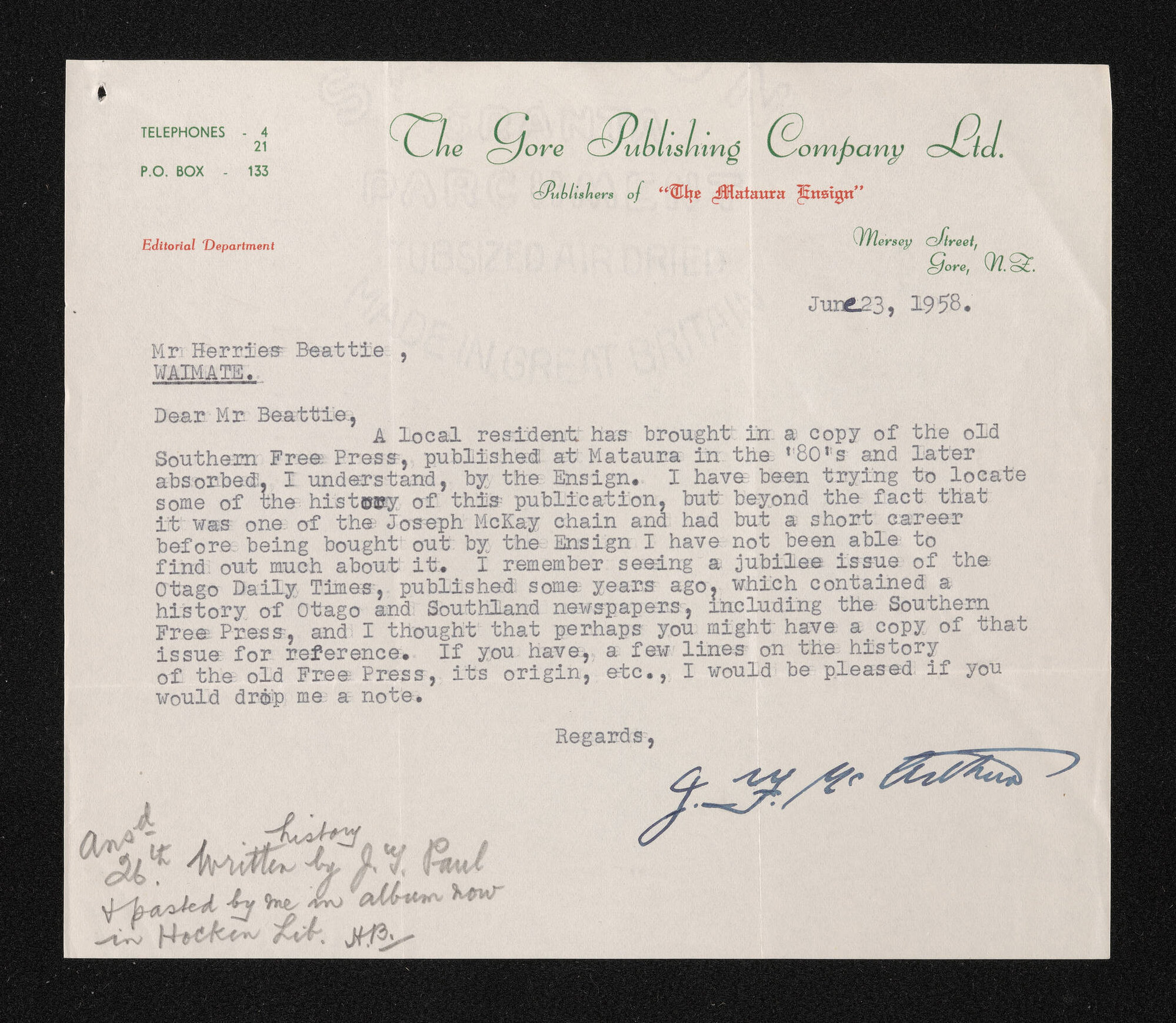 Letter, 23 June 1958, from J.F. McArthur, to Herries Beattie