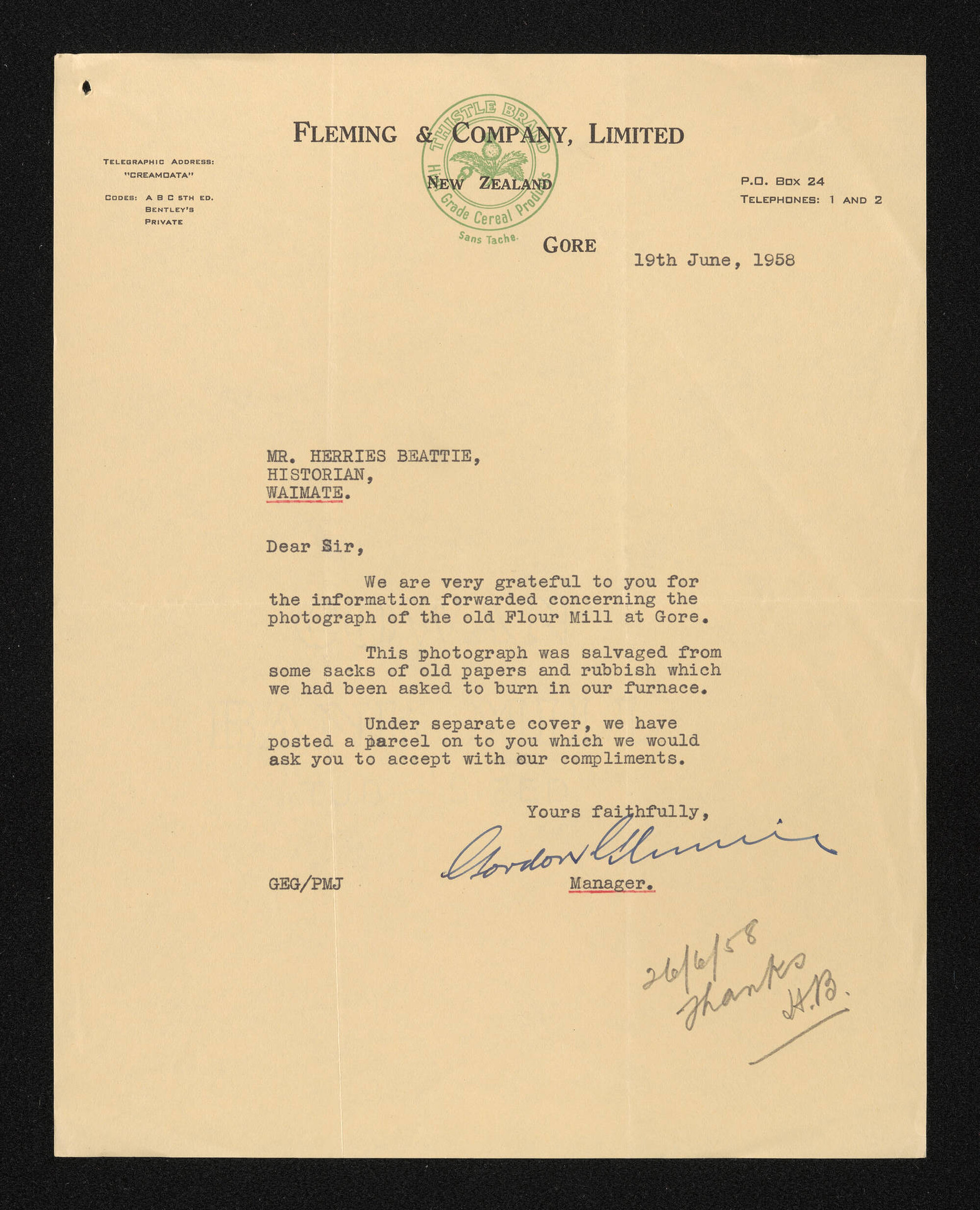 Letter, 19 June 1958, from Fleming &amp; Co., to Herries Beattie