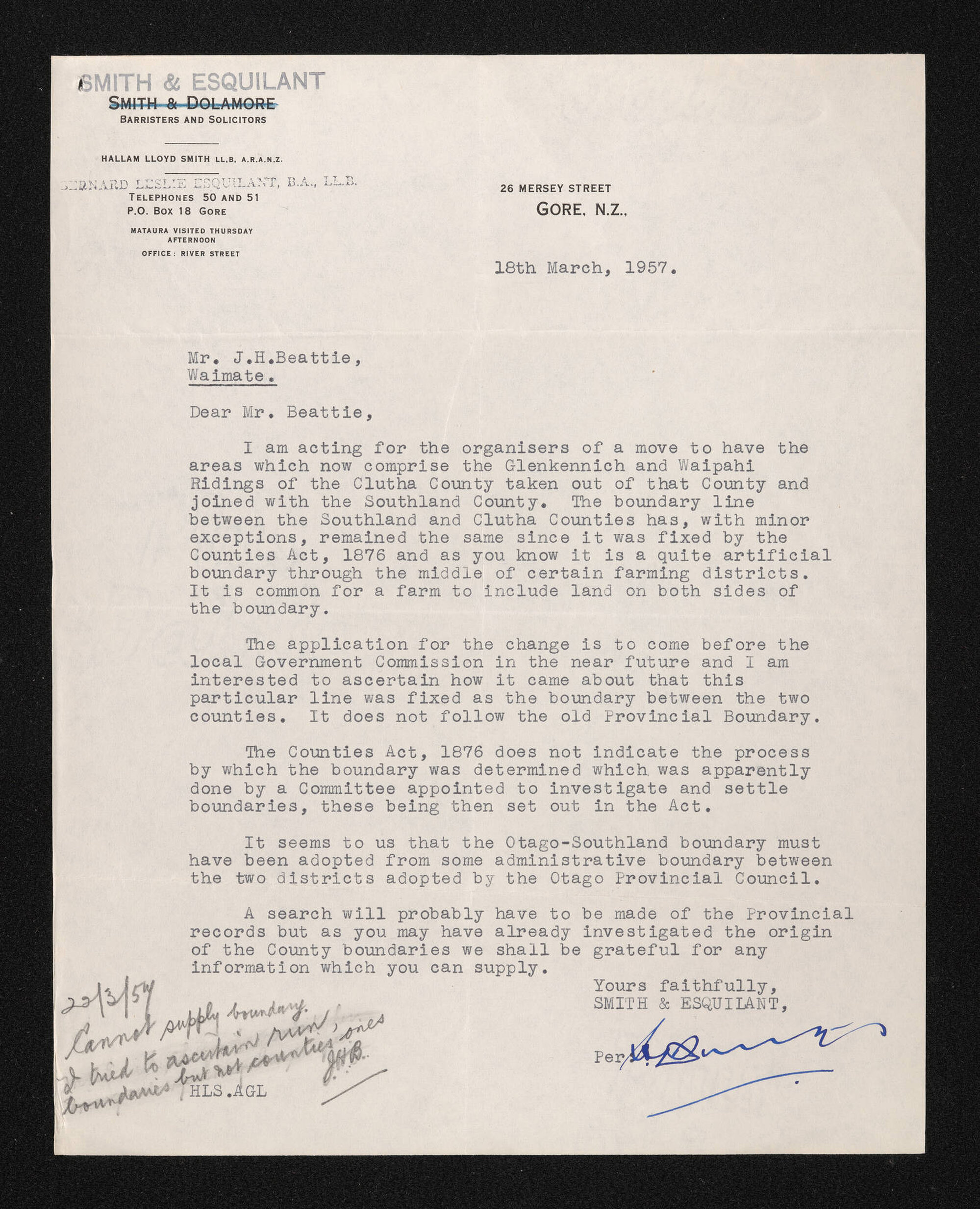 Letter, 18 March 1957, from Smith &amp; Esquilant, to Herries Beattie