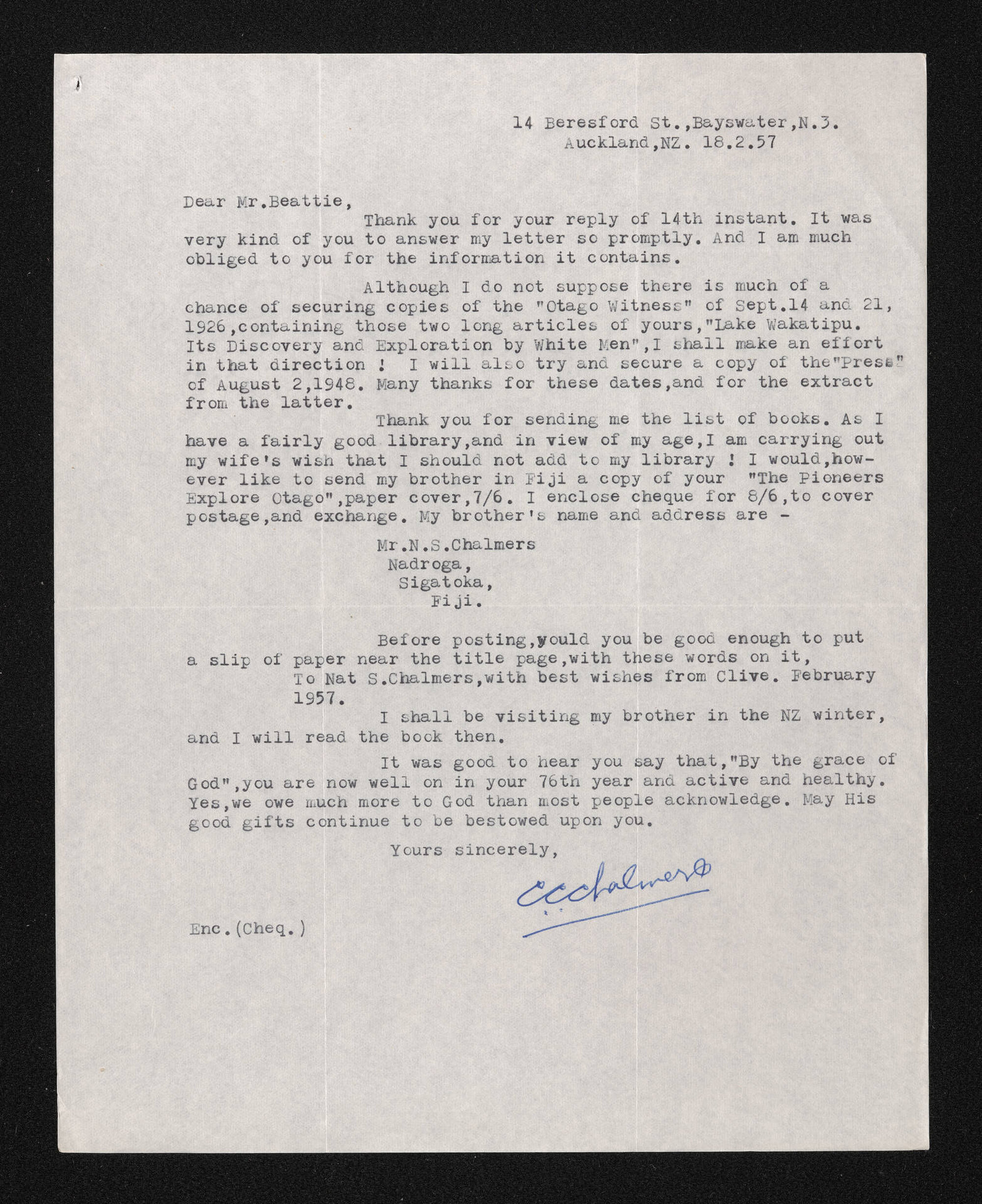 Letter, 18 February 1958, from C.C. Chalmers, to Herries Beattie