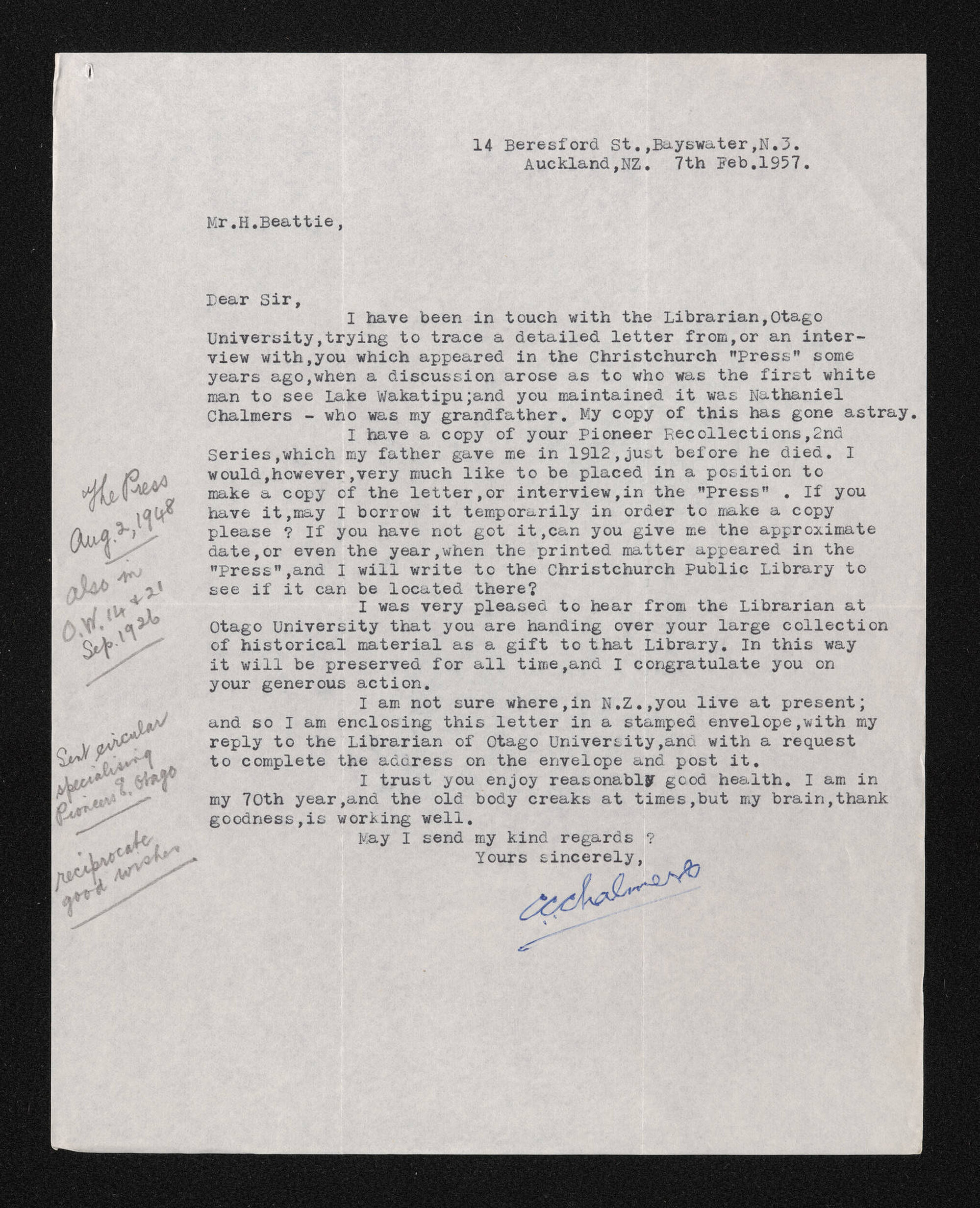 Letter, 7 February 1957, from C.C. Chalmers, to Herries Beattie