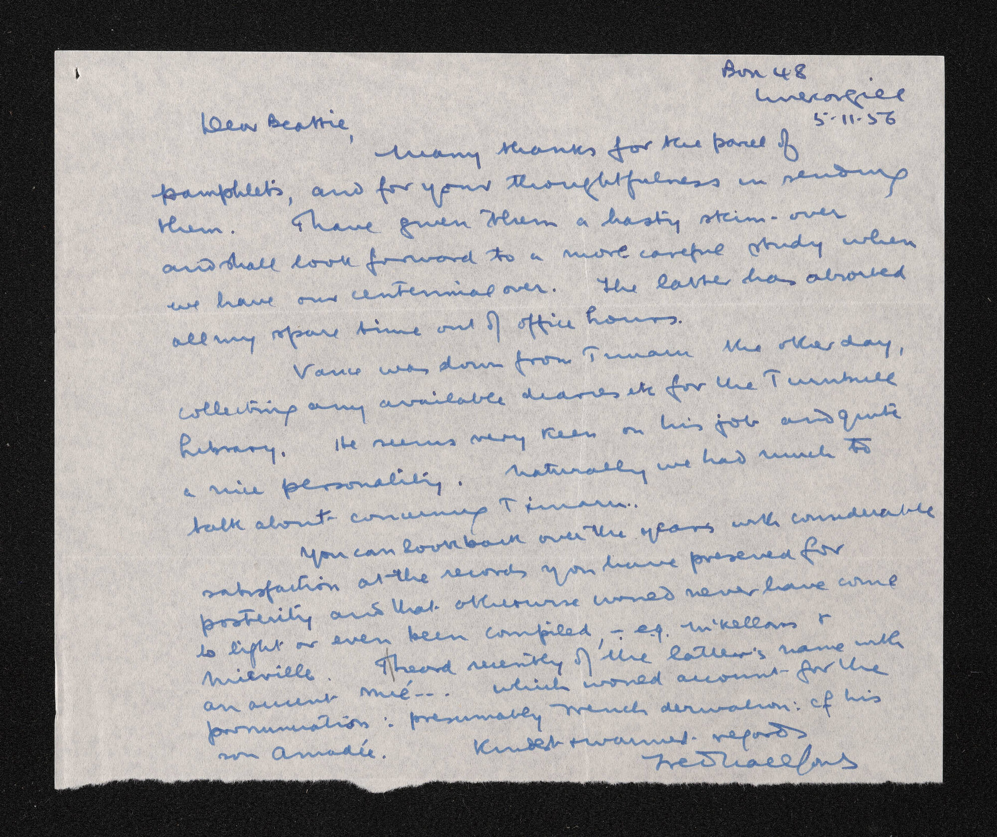 Letter, 5 November 1956, from Fred Hall-Jones, to Herries Beattie