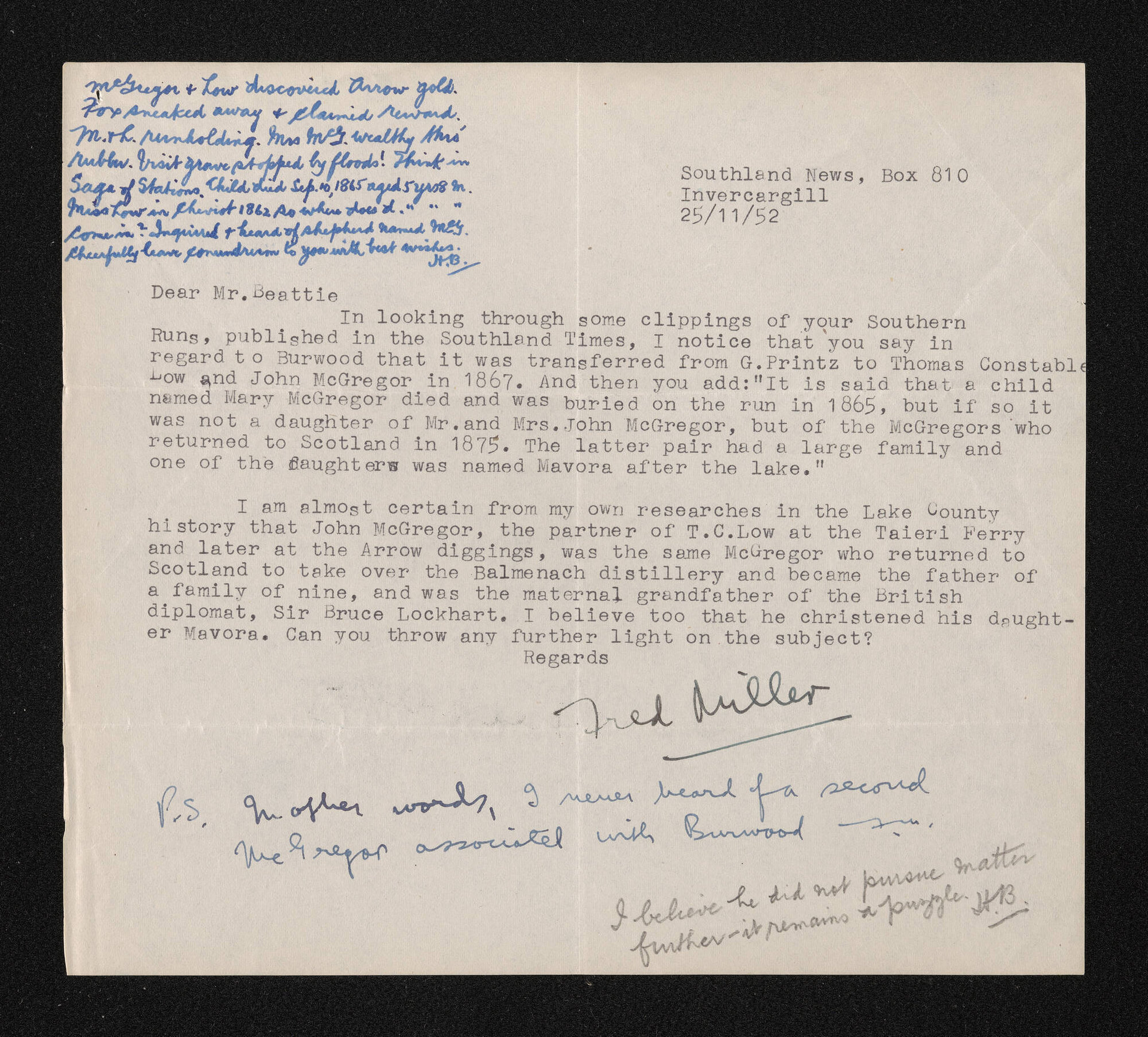 Letter, 25 November 1952, from Fred Miller, to Herries Beattie