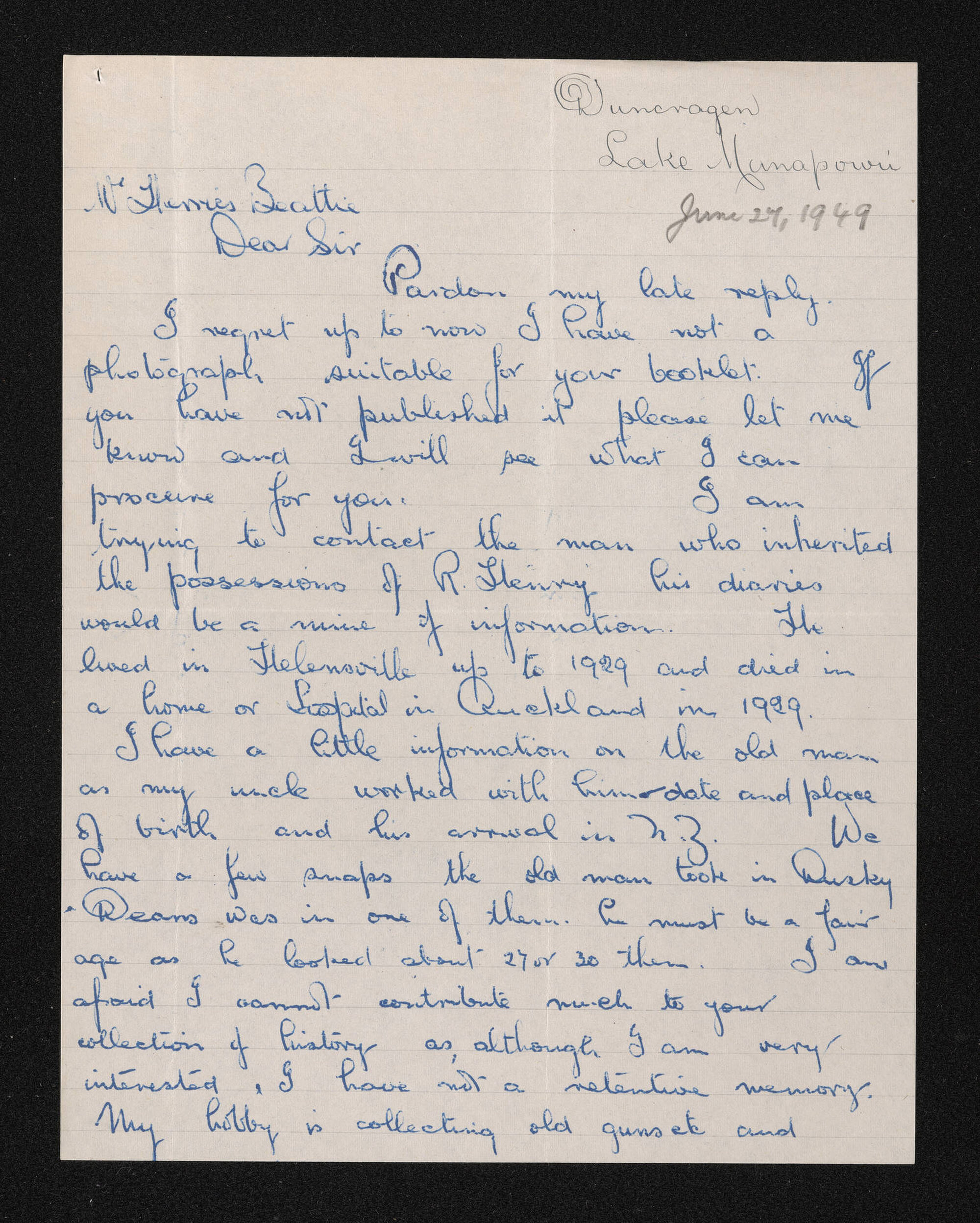 Letter, [27 June 1949], from Guy Murrell, to Herries Beattie