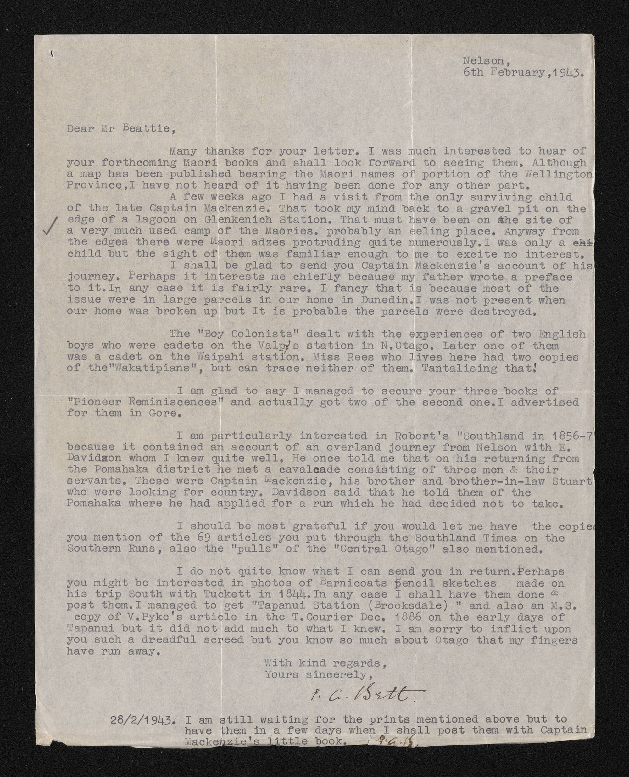Letter, 6 February 1943, from F.A. Bett, to Herries Beattie