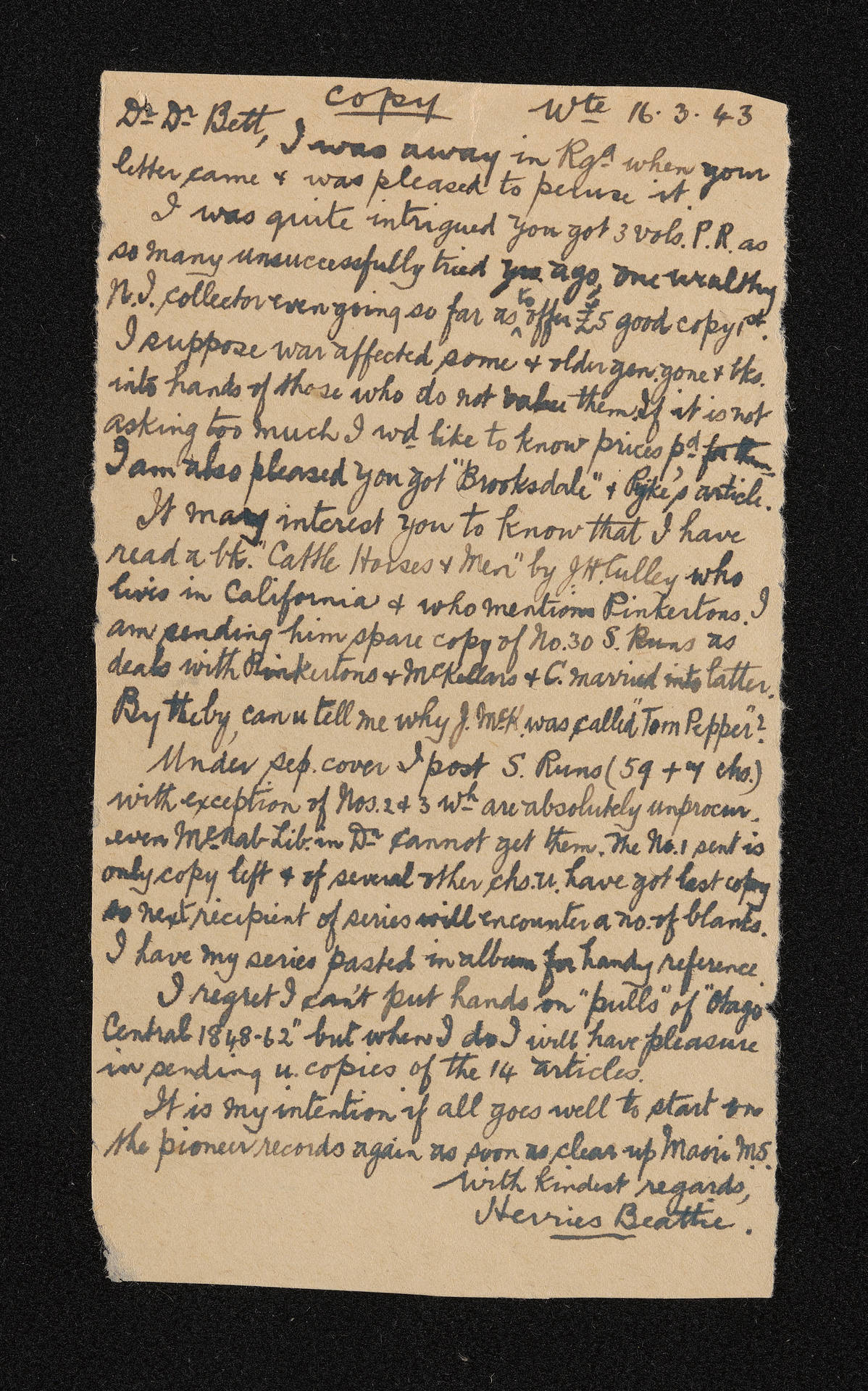 Copy of letter, 16 March 1943, from Herries Beattie, to F.A. Bett