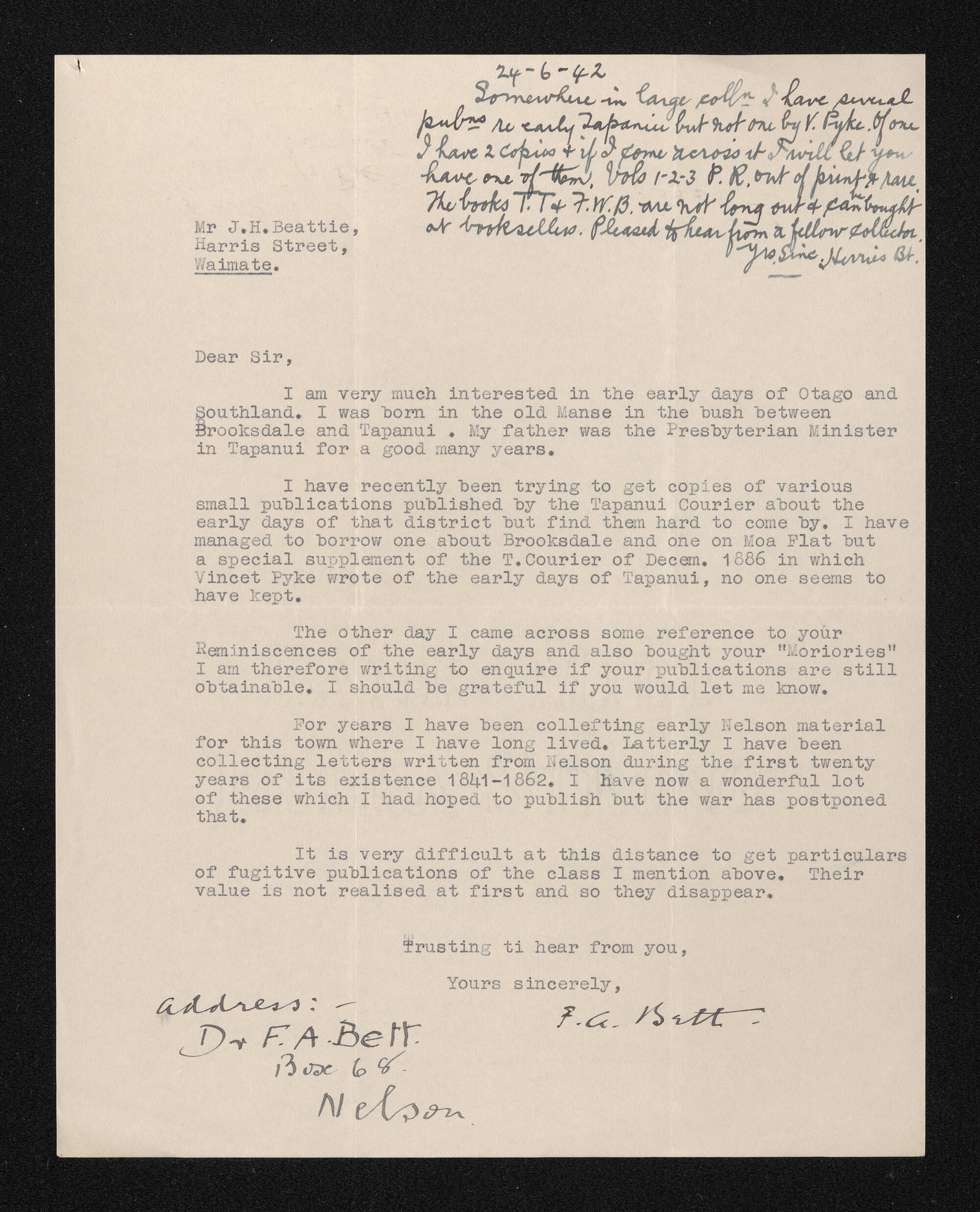 Letter, [1942], from F.A. Bett, to Herries Beattie
