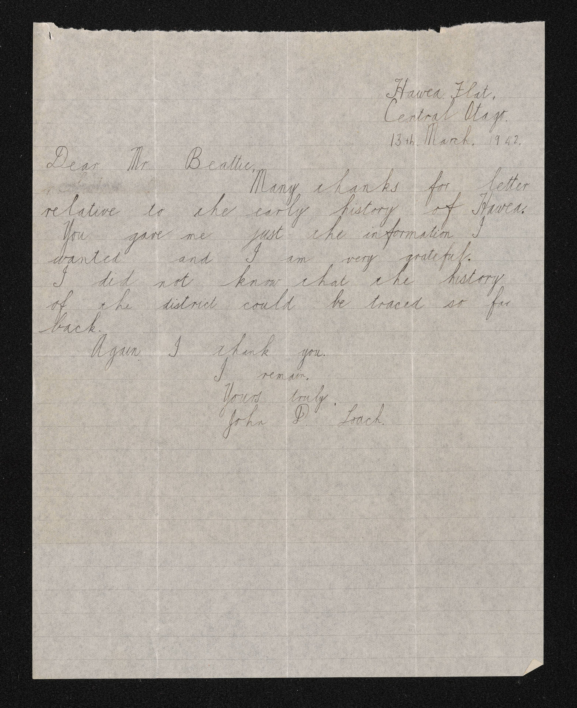Letter, 13 March 1942, from John D. Loach, to Herries Beattie